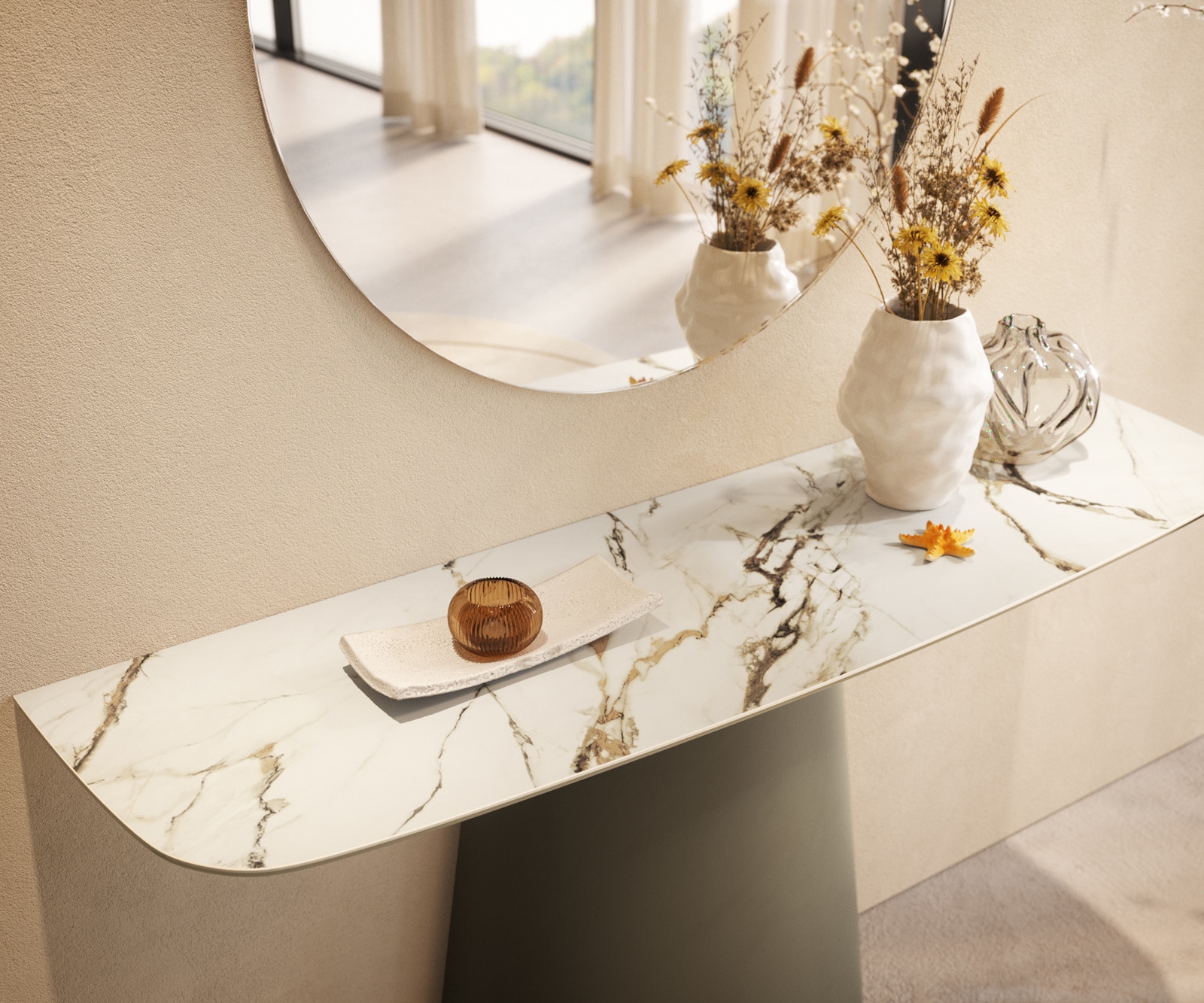 Konsolentisch Edge Boot 140x40 cm Keramik Calacatta Luxe Weiß-Gold-Grau Conos Metall Effektfinish Titan 6