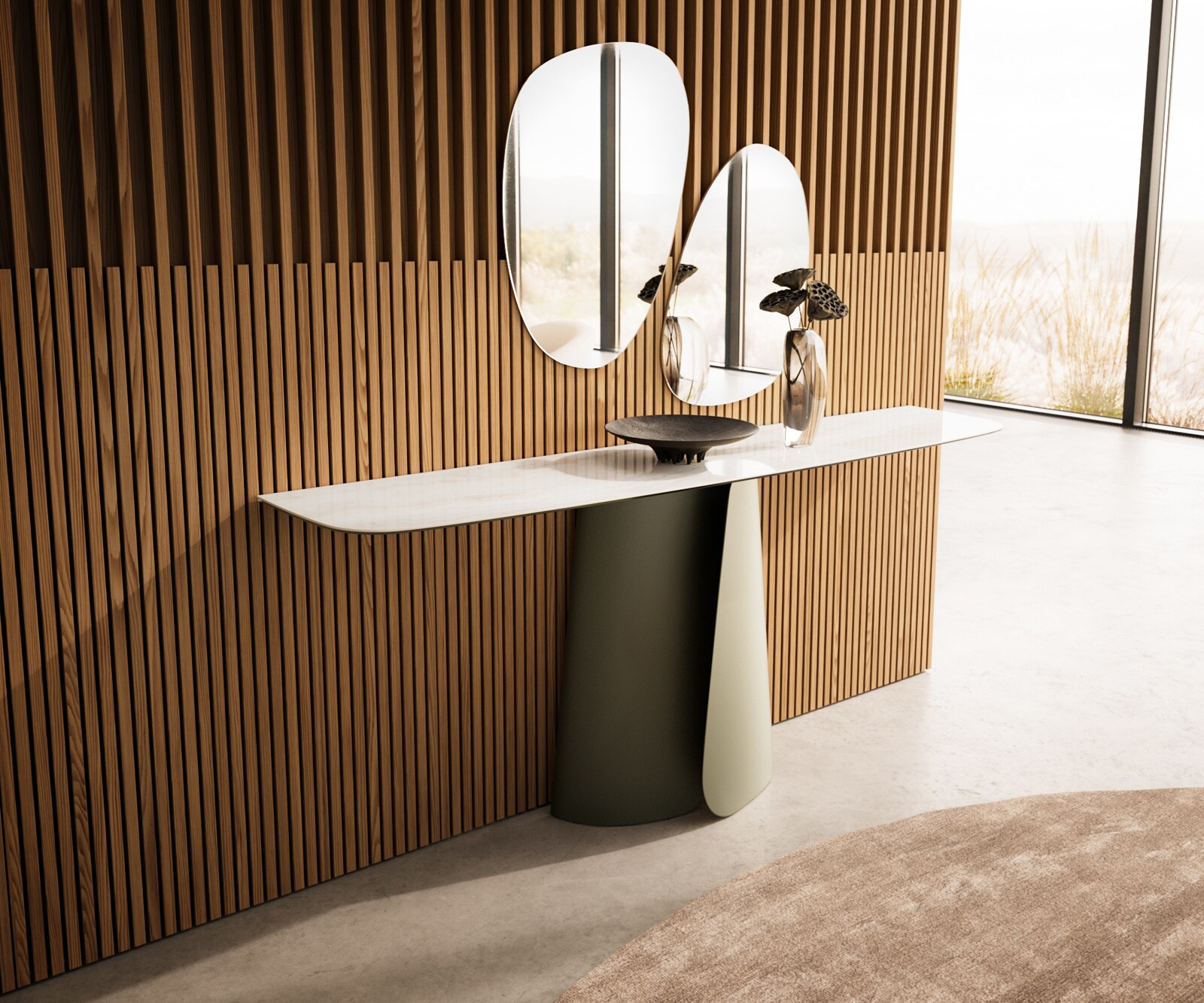 Konsolentisch Edge Boot 180x40 cm Keramik Onyx Champagne Livos Metall Effektfinish Titan 4