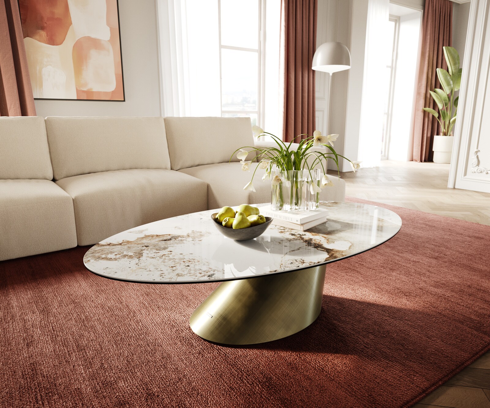 DELIFE Couchtisch Edge Oval 140x80 cm Keramik Minas Melange Conis Metallic Gold