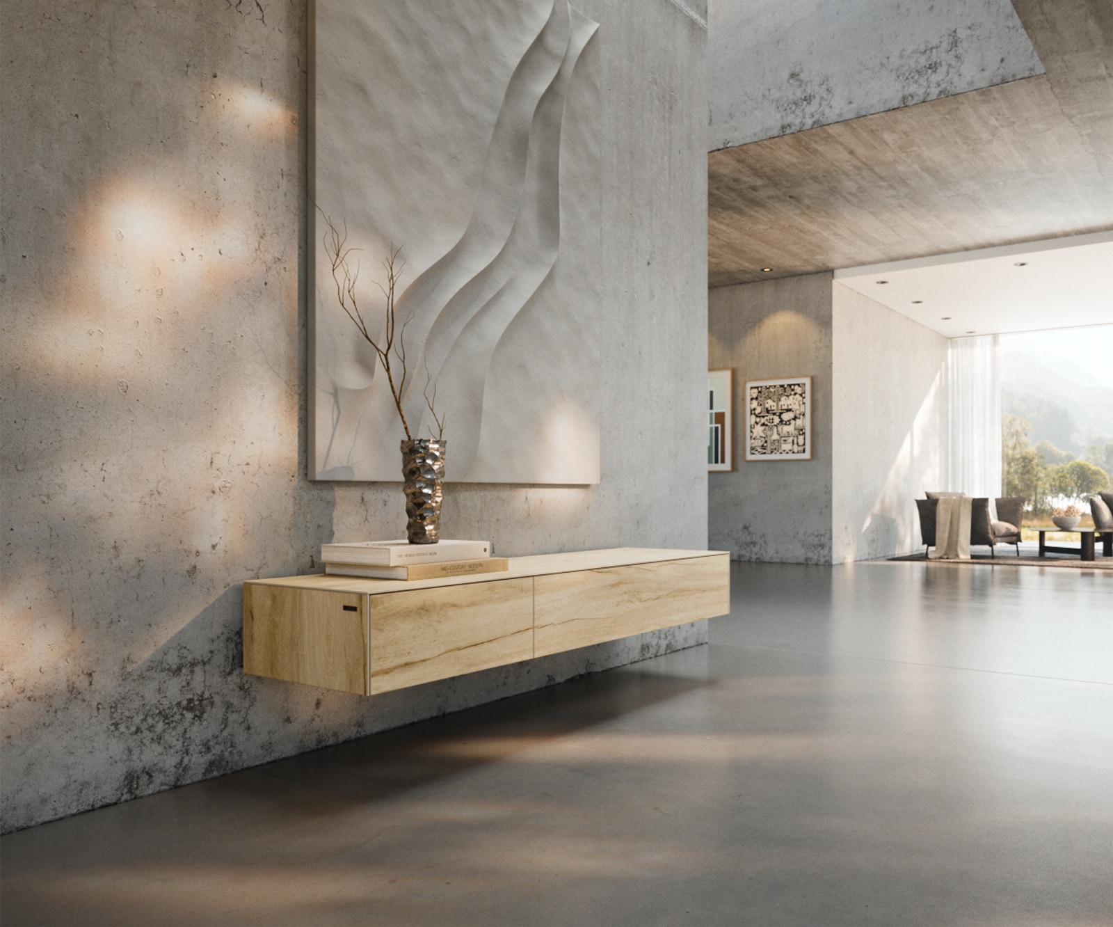 Lowboard Cuor 150 cm Keramik Laminam® Sabbia Eichefarbig 1 Klappe 1 Schubfach Schwebend