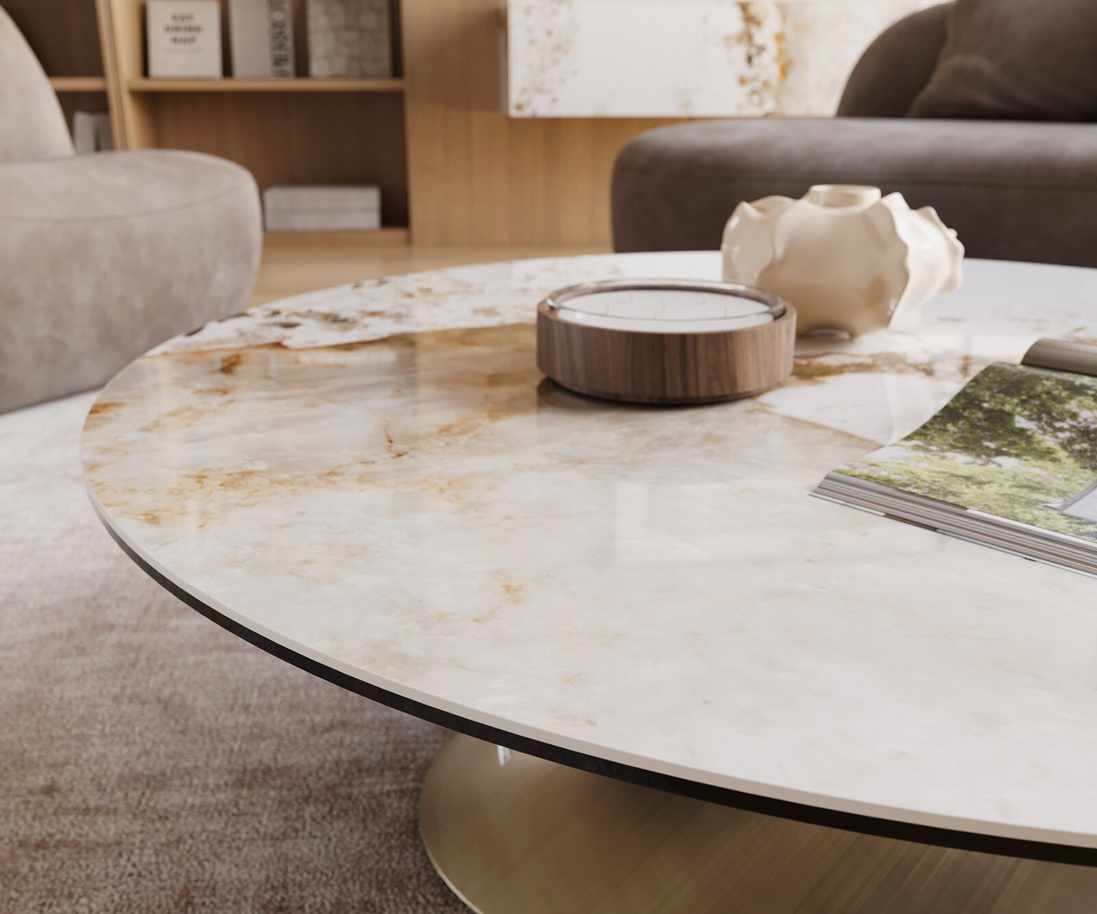 Couchtisch Edge Rund 100x100 cm Keramik Minas Melange Conis Metallic Gold 5