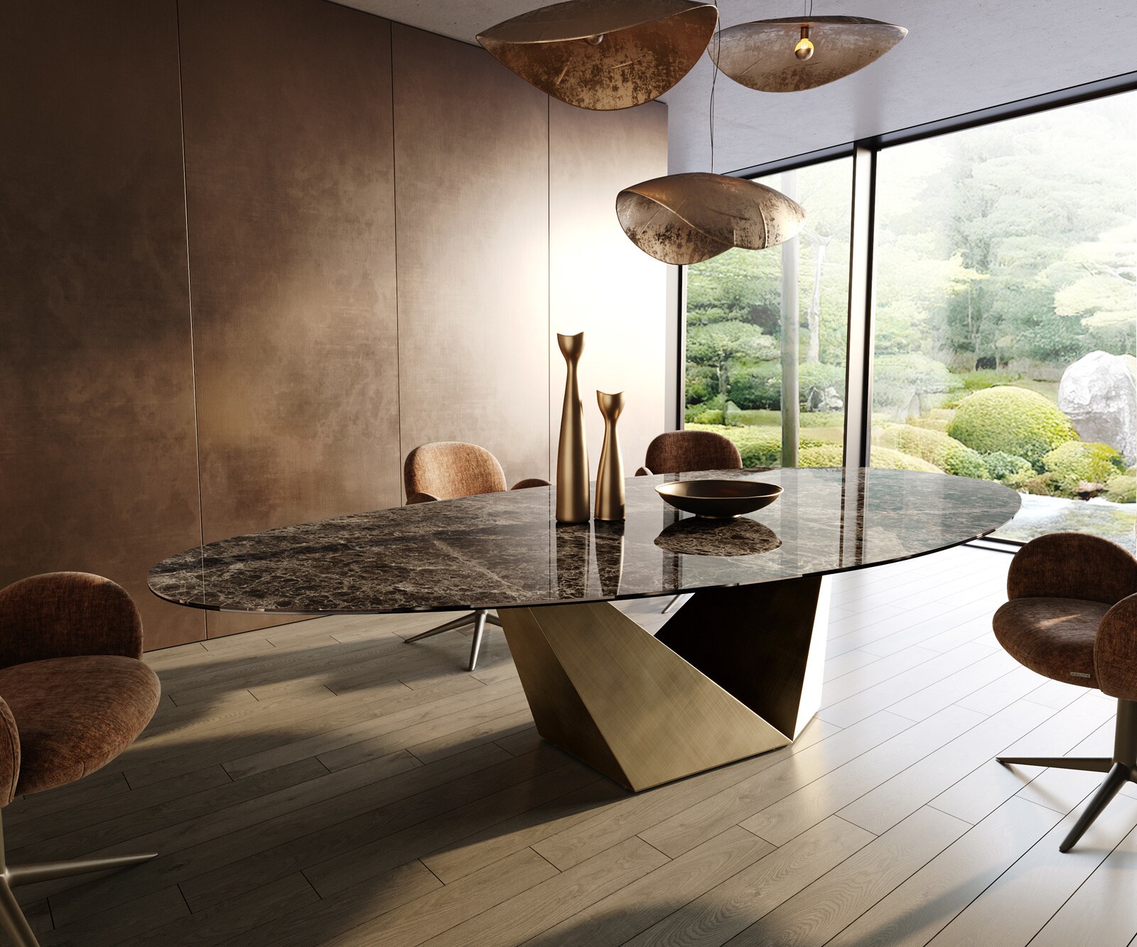 Esstisch Edge Oval 315x150 cm Keramik Emperador Extra Lucidato Dunkelbraun Prisma Metallic Gold 1