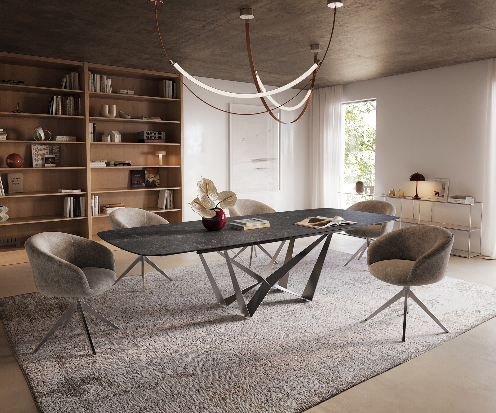 Esstisch Edge Boot 240-300x120 cm Keramik Laminam® Nero Greco Anthrazit Spider Flachstahl Edelstahl ausziehbar 7