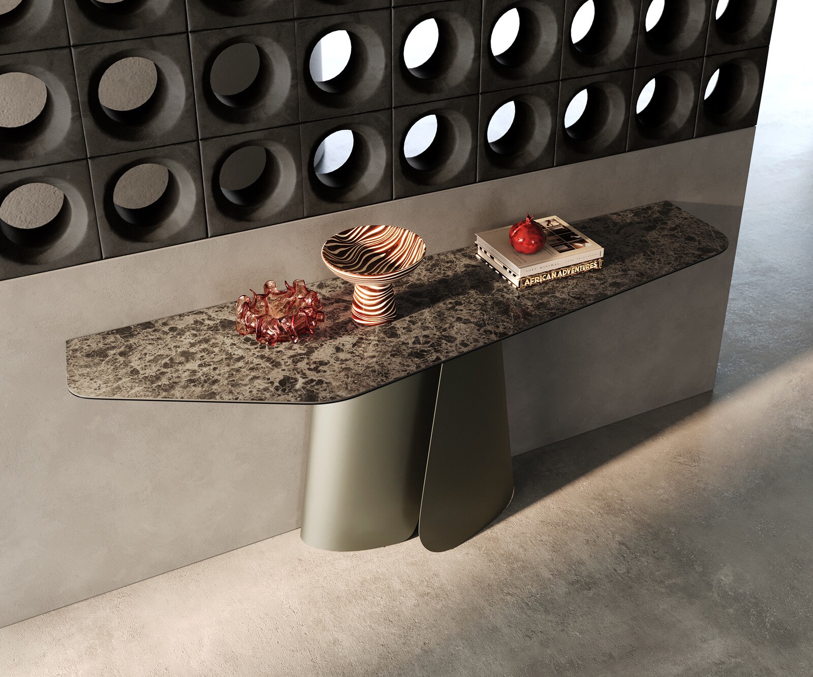 Konsolentisch Edge Polygonal 180x50 cm Keramik Emperador Extra Lucidato Dunkelbraun Livos Metall Effektfinish Titan 1