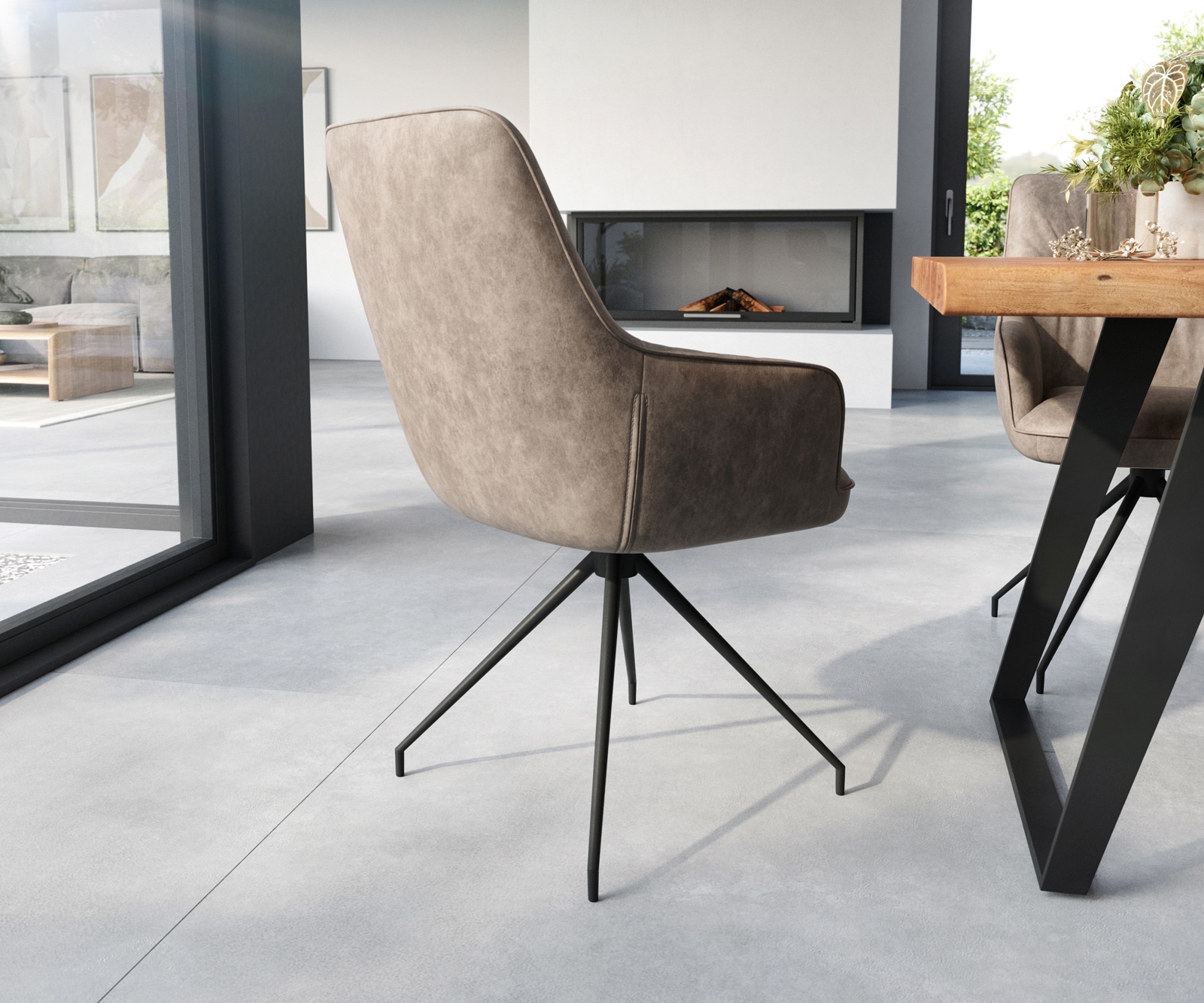 Esszimmerstuhl Zelia-Flex mit Armlehnen Mikrofaser Taupe Vintage Kreuzgestell konisch Schwarz Taschenfederkern 4 Esszimmerstuhl Zelia-Flex mit Armlehnen Mikrofaser Taupe Vintage Kreuzgestell konisch Schwarz Taschenfederkern 4