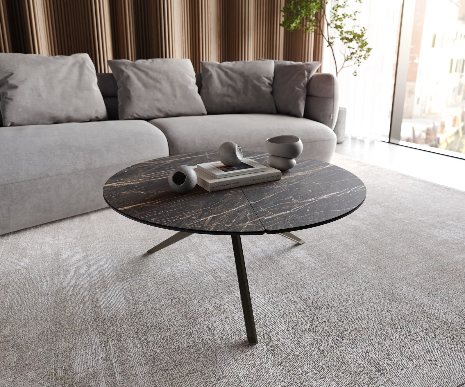 Couchtisch Delron 90x90 cm Keramik Laminam®Noir Desir Braun Kreuzfuß Flach Metall Effektfinish Titan
