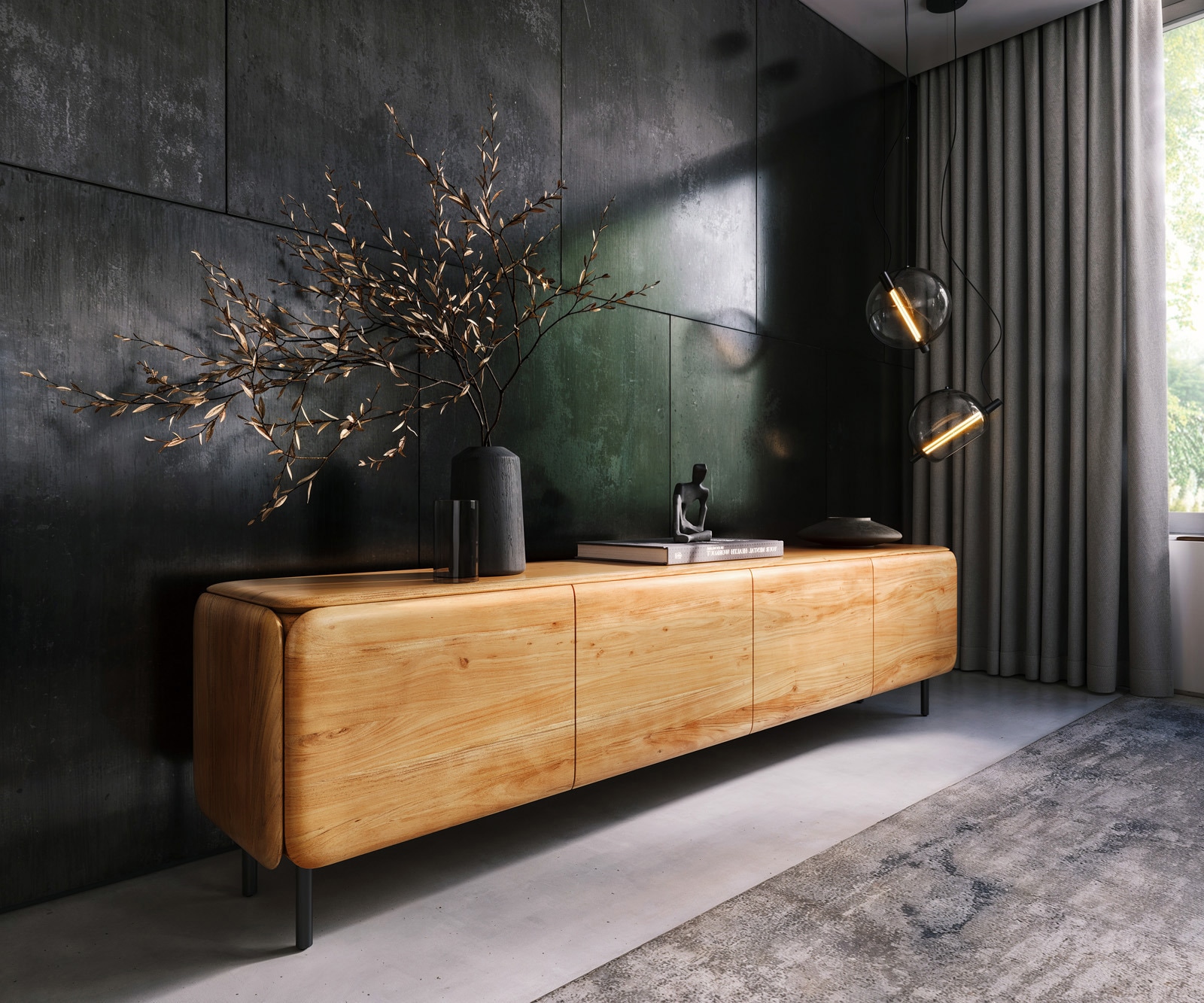 Lowboard Shavani 220 cm Akazie Natur 4 Türen Rundfuß Metall Schwarz Lowboard Shavani 220 cm Akazie Natur 4 Türen Rundfuß Metall Schwarz