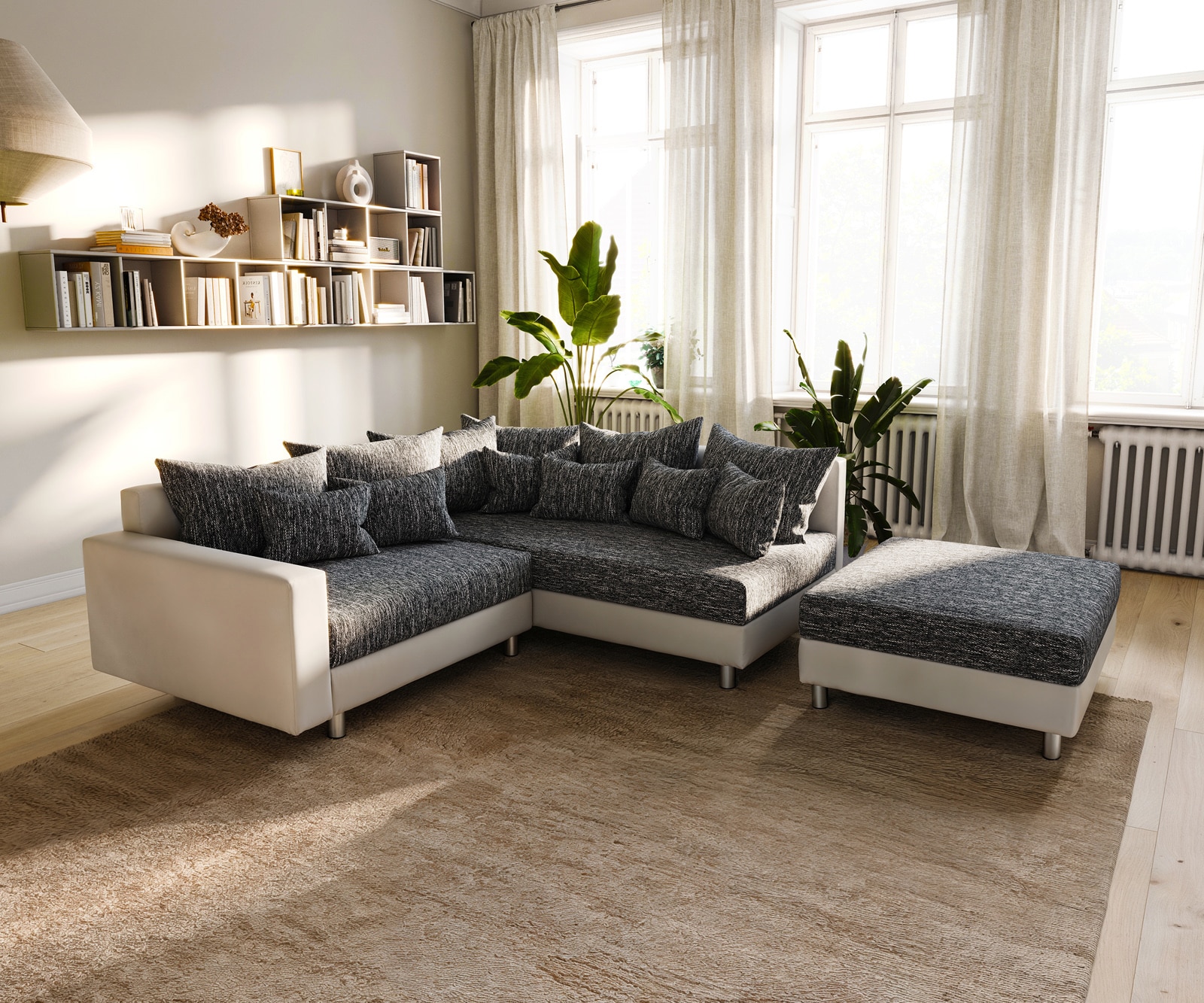 Ecksofa Clovis Weiss Schwarz Hocker Armlehne Ottomane Rechts modular günstig online kaufen
