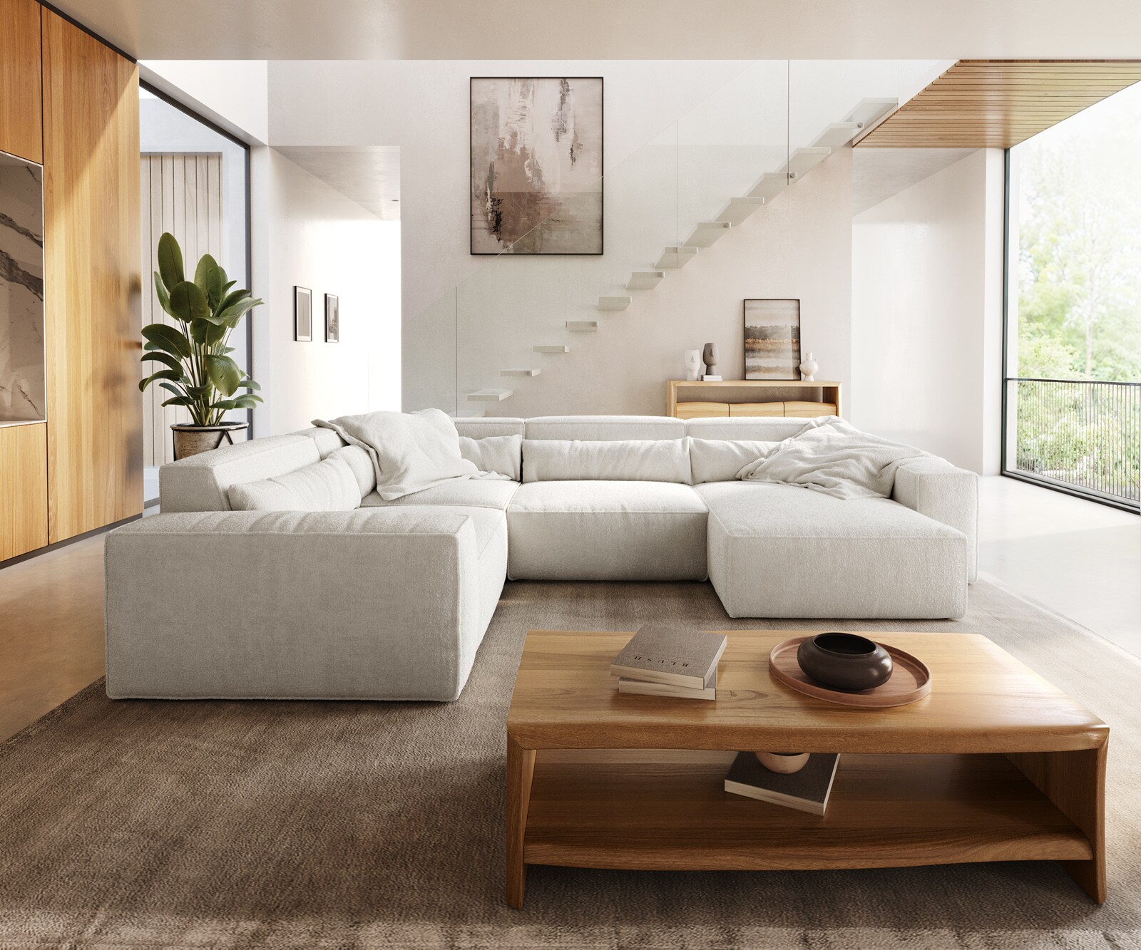 Wohnlandschaft Sirpio 300x210 cm Bouclé Creme-Weiß Recamiere variabel 1