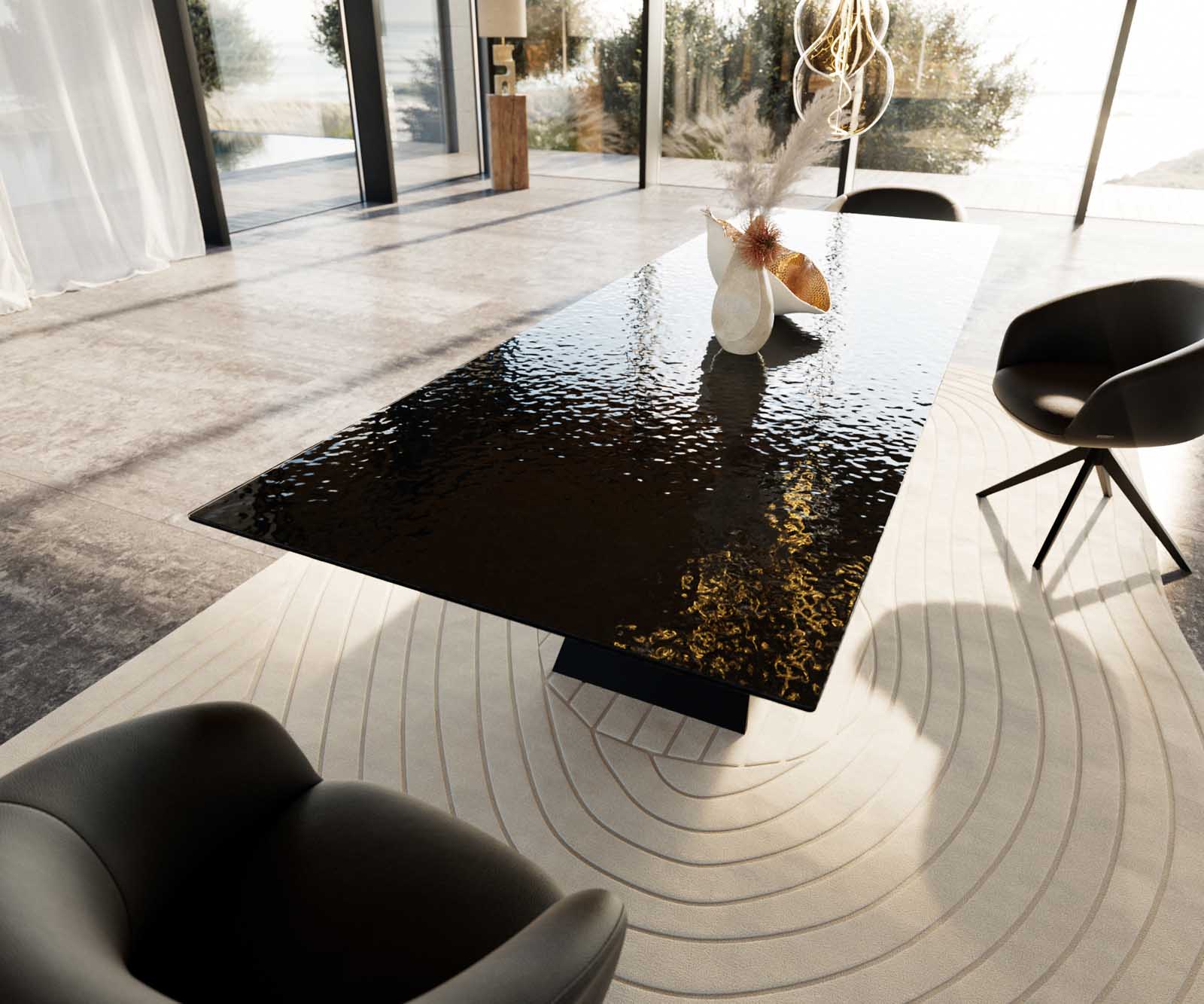 Esstisch Edge 300x100 Reliefglas Rauchschwarz 3D-Design V-Gestell Flachstahl Schwarz 6