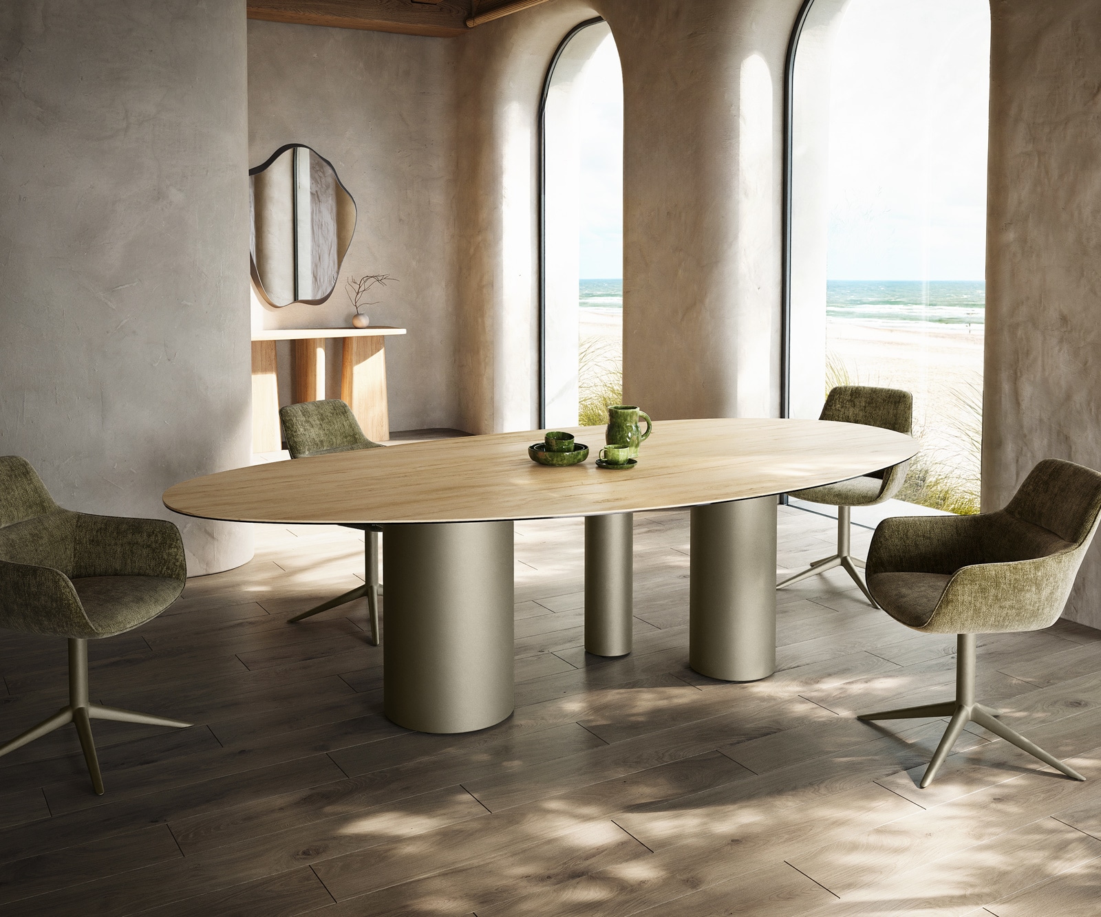 Esstisch Edge Oval 280x130 Keramik Laminam® Sabbia Eichefarbig Troa Metall Effektfinish Titan