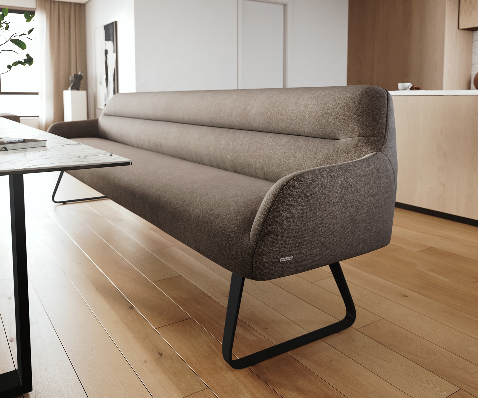 Esszimmerbank Taya-Flex 300 cm Strukturstoff Soft Taupe Kufengestell flach Schwarz Taschenfederkern 4