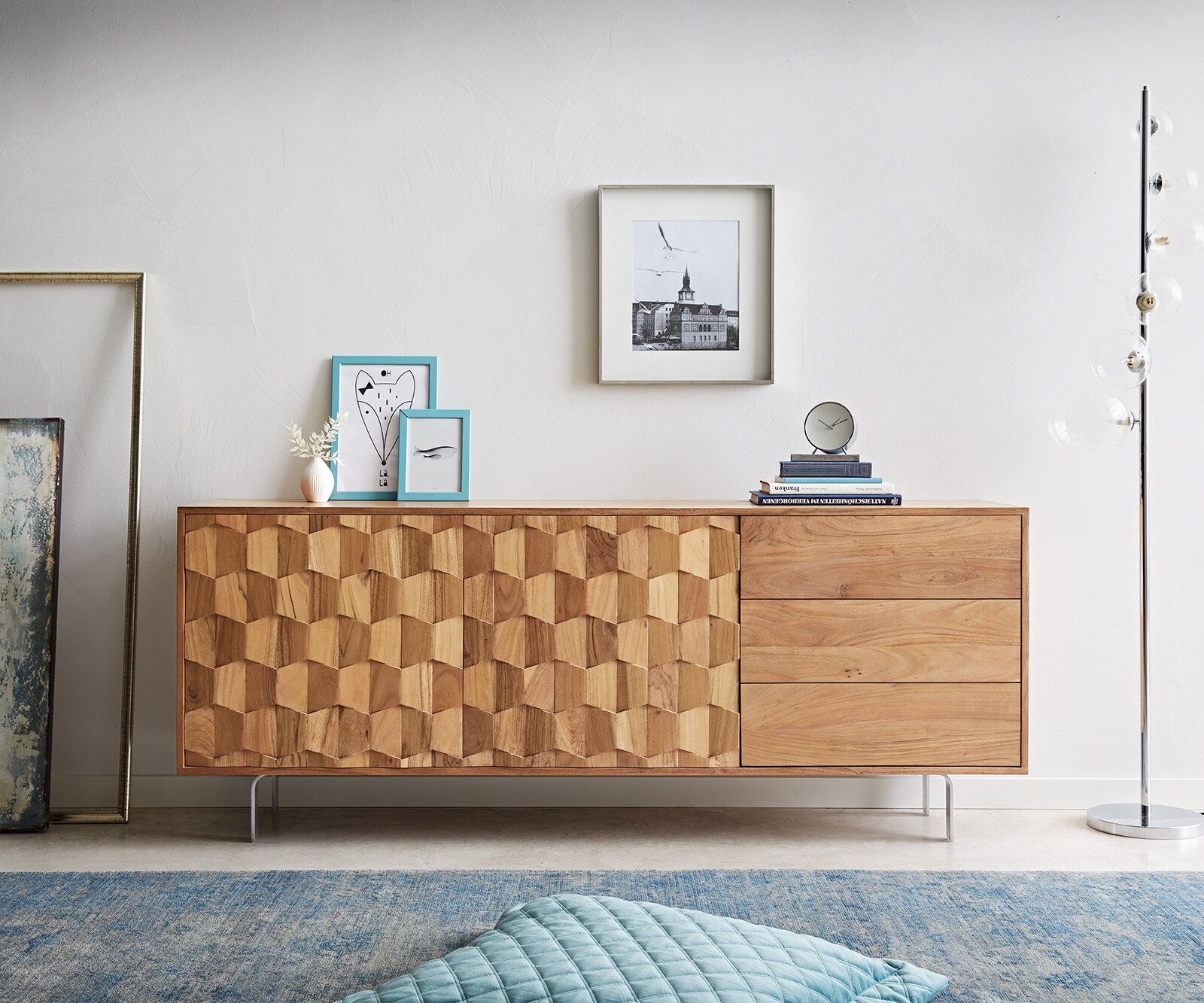 Sideboard Fevo 175 cm Akazie Natur 2 Türen 3 Schubfächer L-Fuß 1