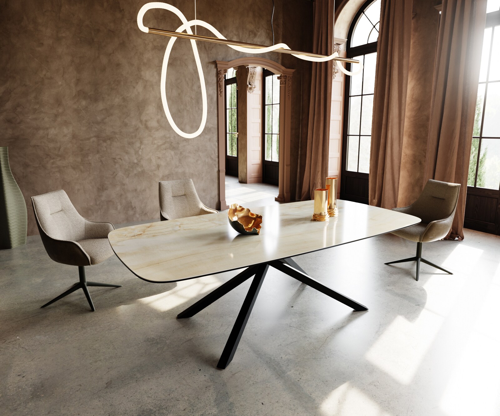 Esstisch Edge Boot 240x120 cm Keramik Iris FMG Onice Oro Kreuzgestell Recht günstig online kaufen