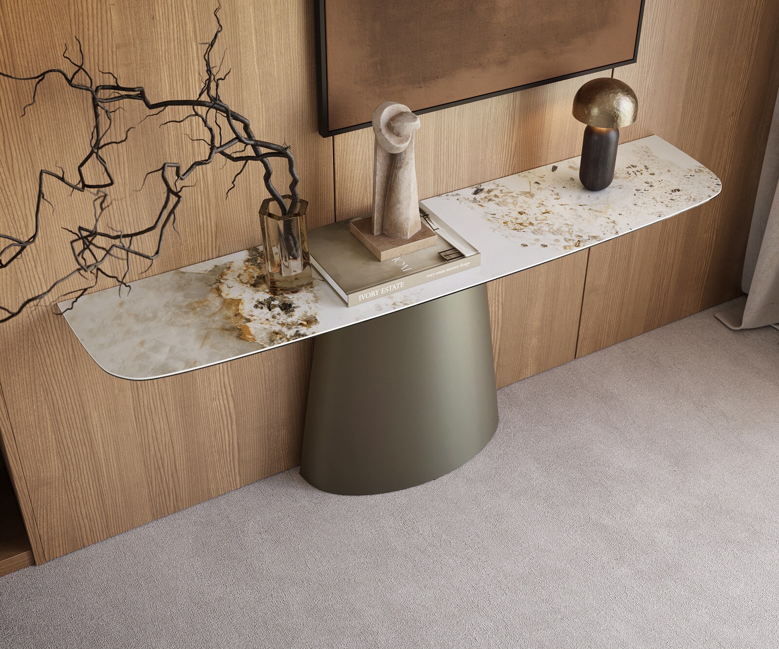 Konsolentisch Edge Boot 180x40 cm Keramik Minas Melange Weiß-Beige Conos Metall Effektfinish Titan 1
