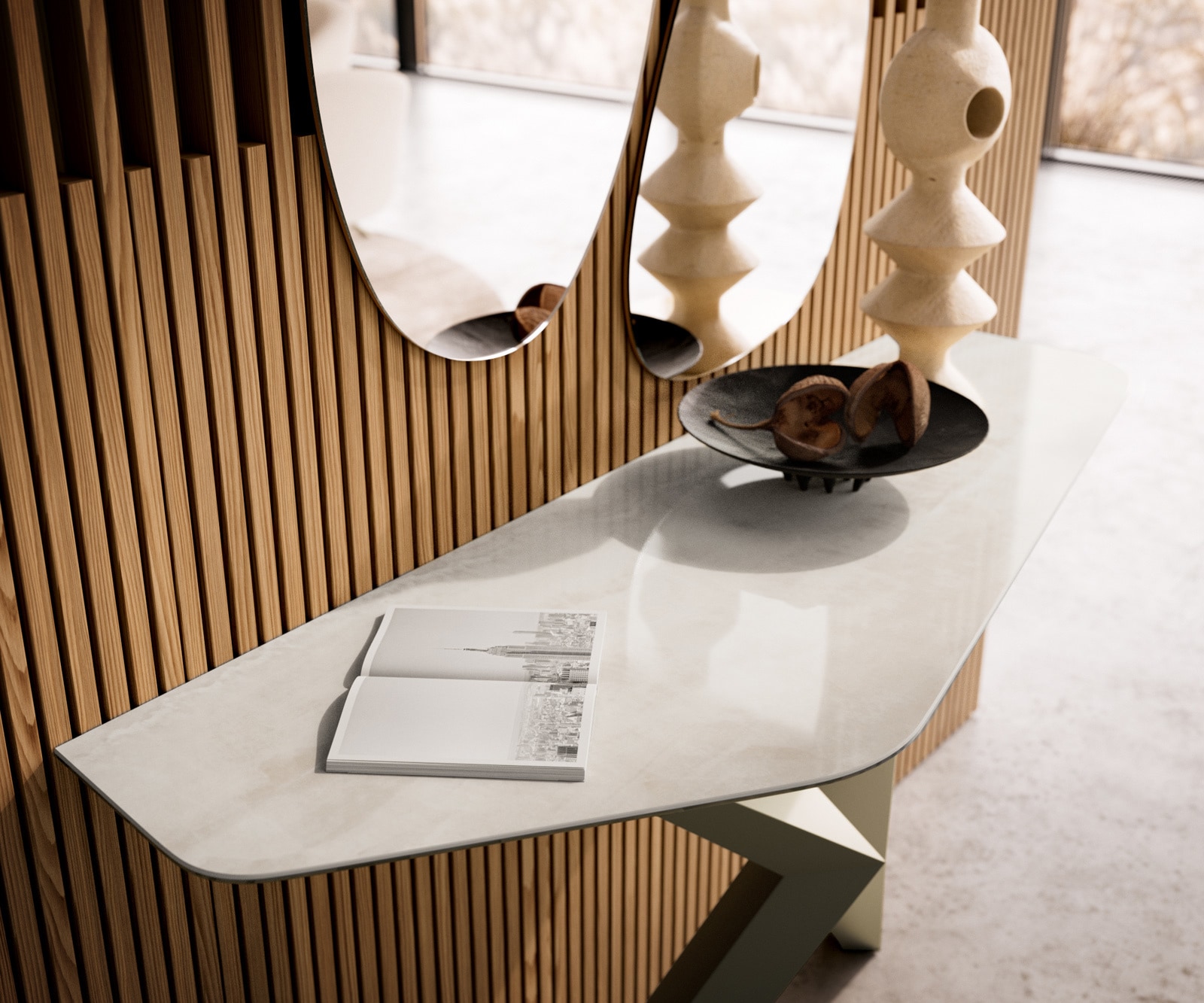 Konsolentisch Edge Polygonal 140x50 cm Keramik Onyx Champagne Zentharo Metall Effektfinish Titan 6