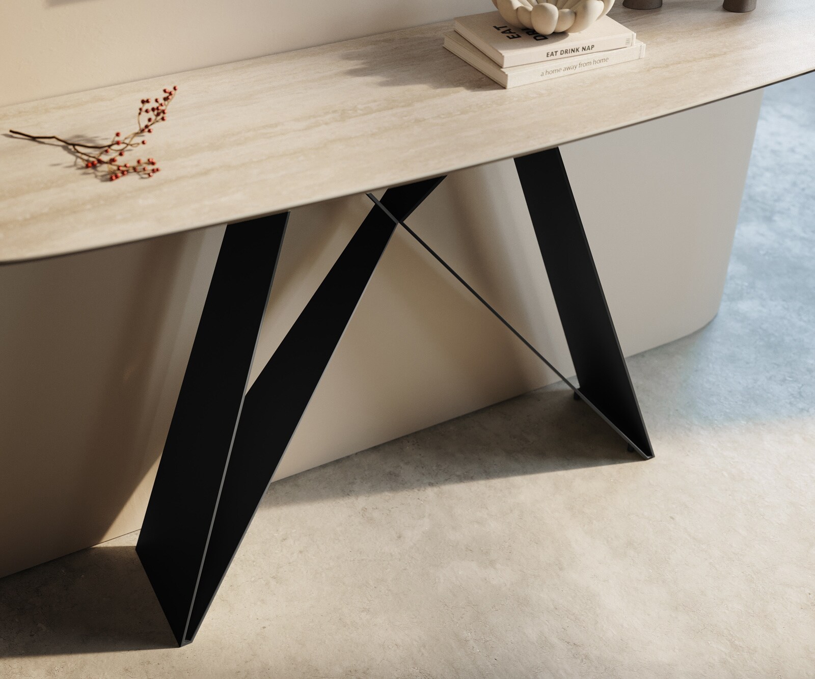 Konsolentisch Edge Boot 140x40 cm Keramik Laminam® Travertino Bianco Creme-Weiß Velio Metall Schwarz 5