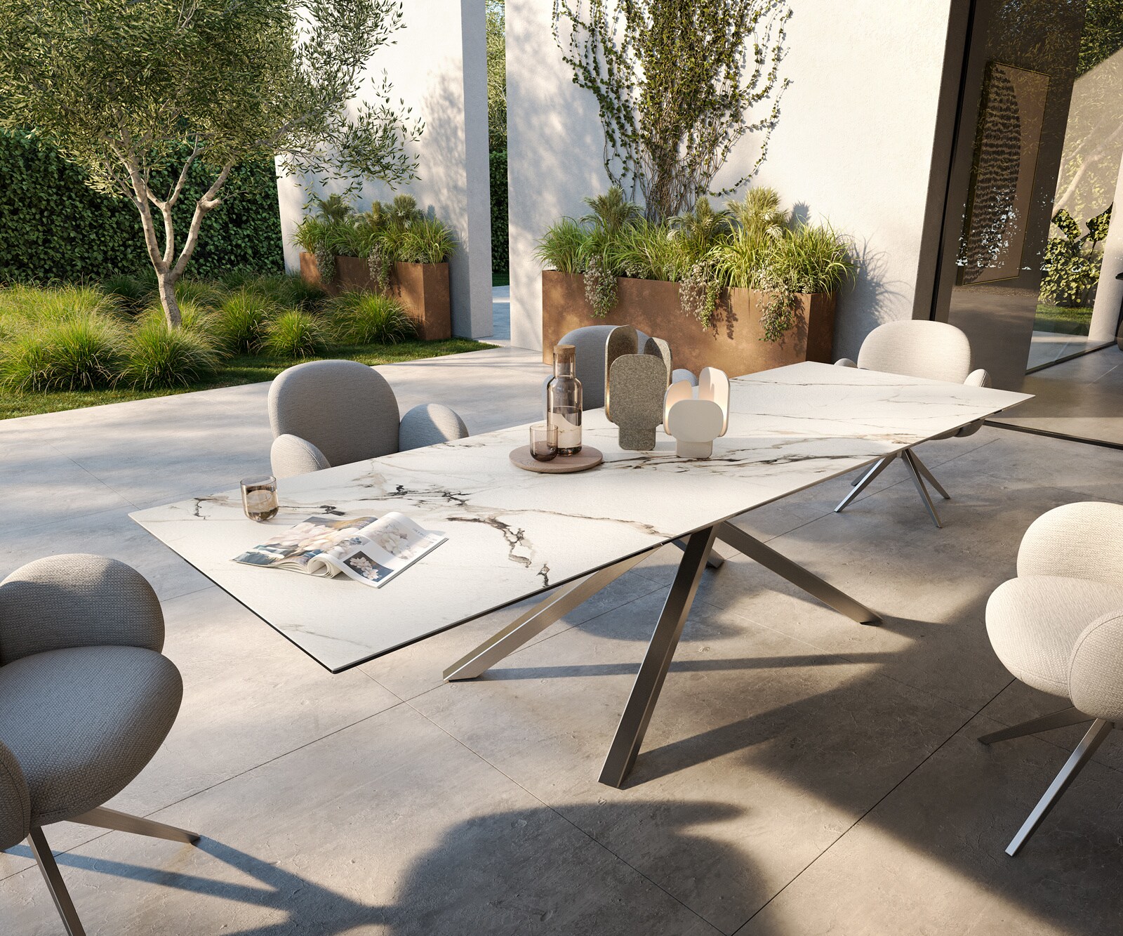 Outdoortisch Edge 300x100 cm Keramik Calacatta Luxe Weiß-Gold-Grau Kreuzgestell Rechteck Edelstahl
