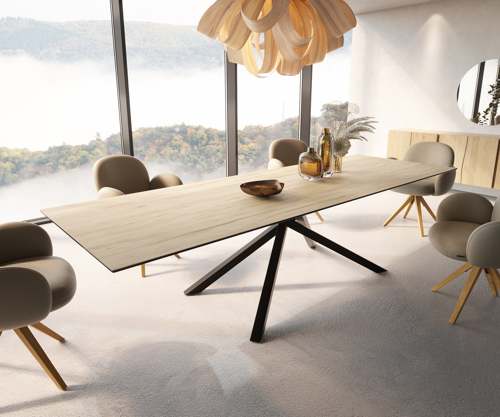 Esstisch Edge 300x100 Keramik Laminam® Sabbia Eichefarbig Kreuzgestell Rechteck Schwarz 1