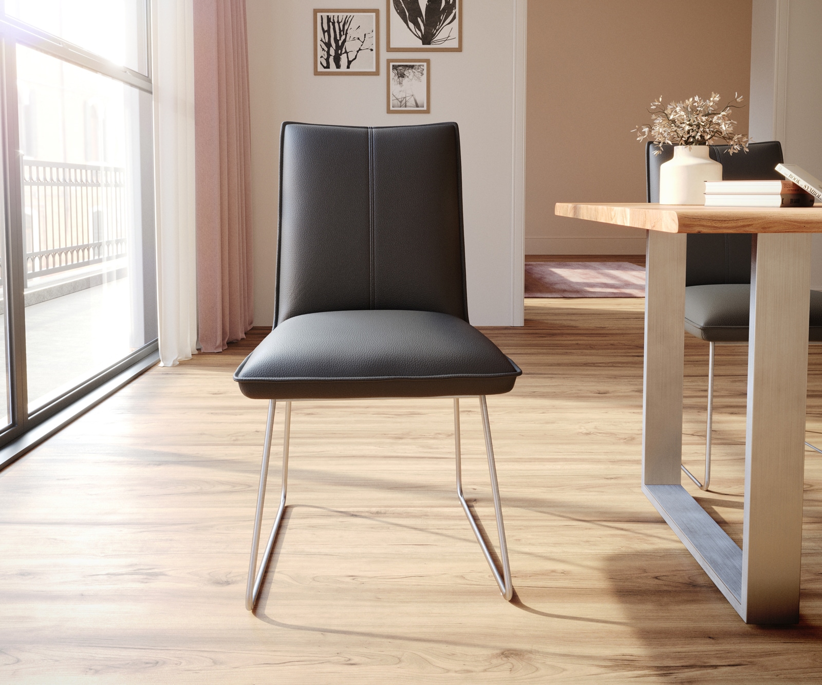 Esszimmerstuhl Lelio-Flex Echt-Leder Schwarz Kufengestell Edelstahl Taschenfederkern 1 Esszimmerstuhl Lelio-Flex Echt-Leder Schwarz Kufengestell Edelstahl Taschenfederkern 1