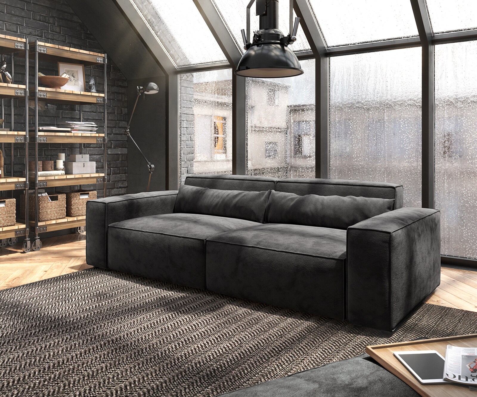 Big-Sofa Sirpio 230x90 cm Mikrofaser Schwarz mit Hocker günstig online kaufen