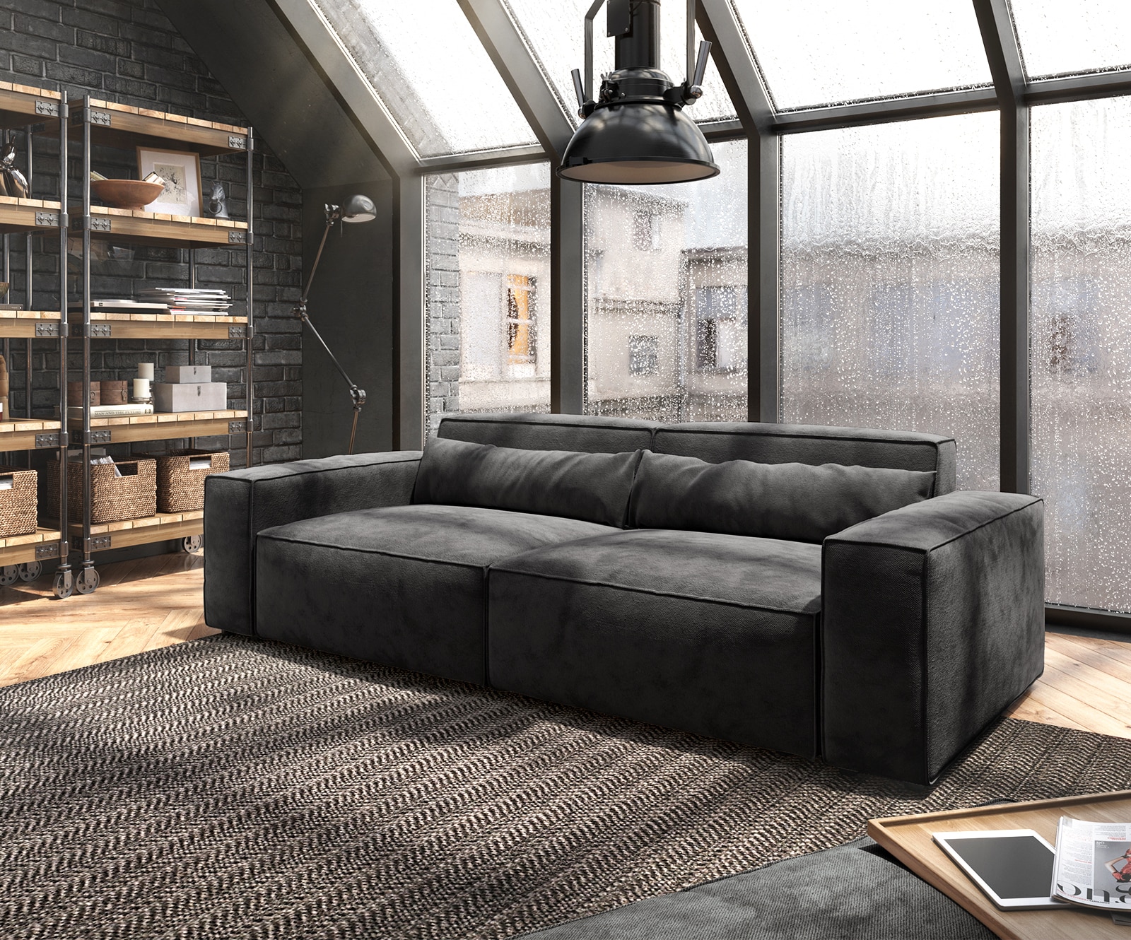 Big-Sofa Sirpio 230x95 cm Mikrofaser Schwarz mit Hocker Big-Sofa Sirpio 230x95 cm Mikrofaser Schwarz mit Hocker