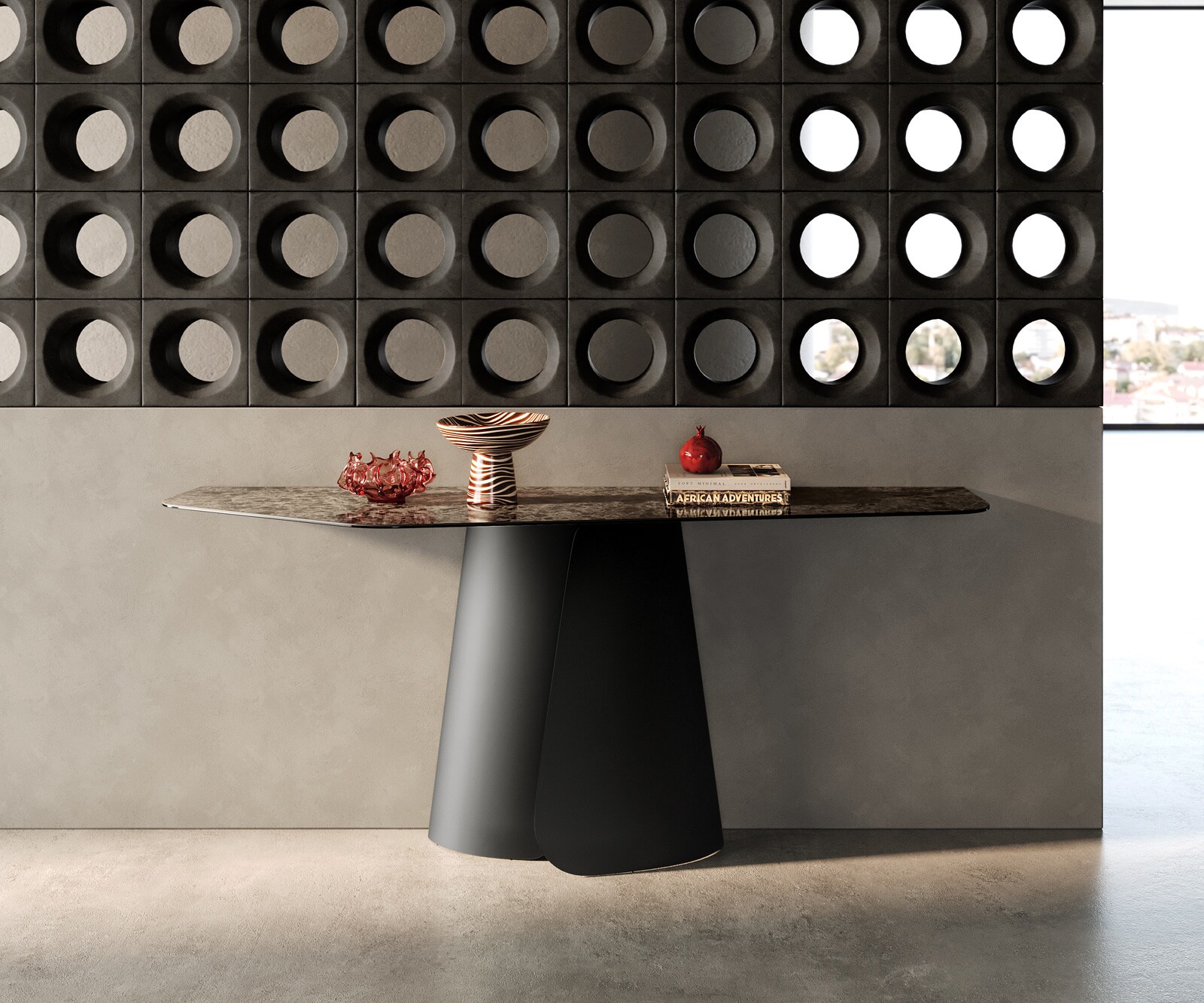 Konsolentisch Edge Polygonal 180x50 cm Keramik Emperador Extra Lucidato Dunkelbraun Livos Metall Schwarz 3