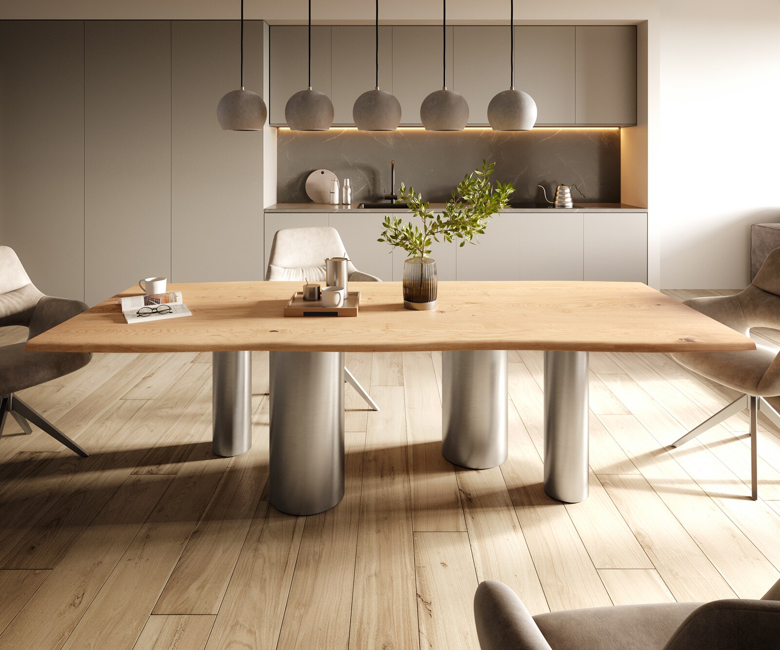 Esstisch Edge 260x100x2,5-3 Eiche Natur Pilier Edelstahl gebürstet Live-Edge 1
