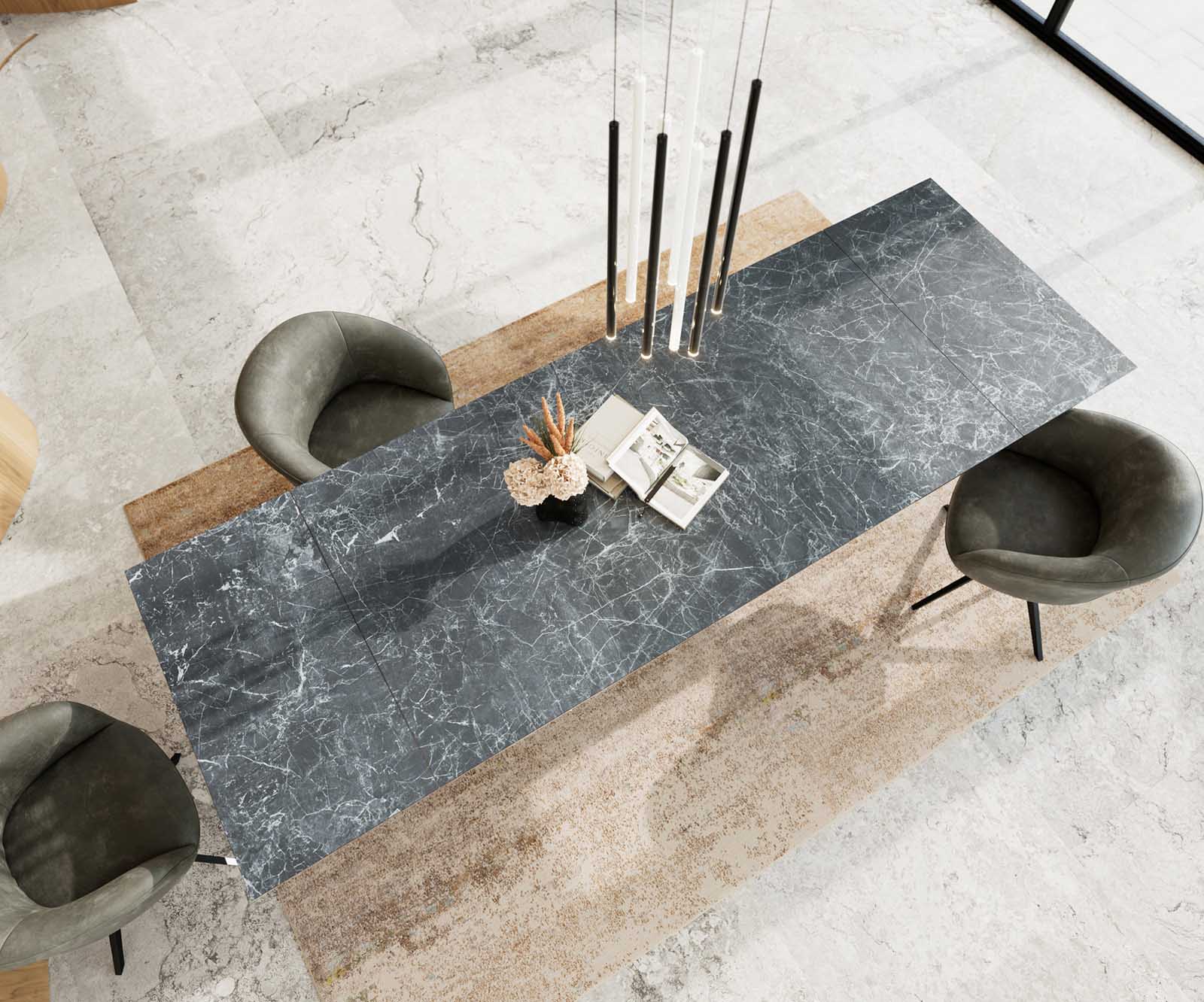 Esstisch Edge 200-300x100 Keramik Laminam®Nero Greco Anthrazit Kreuzgestell Rechteck Schwarz ausziehbar 3