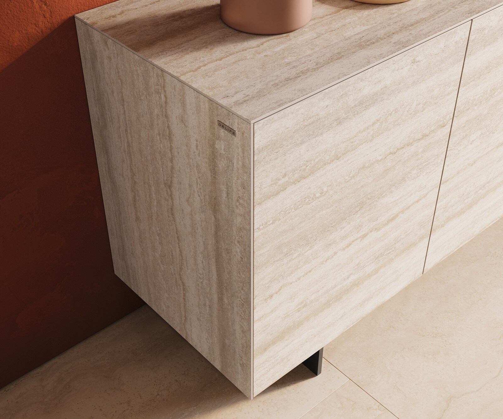 Sideboard Cuor 150 cm Keramik Laminam® Travertino Bianco Creme-Weiß 3 Türen Fuß Schwebeoptik Metall Schwarz 6