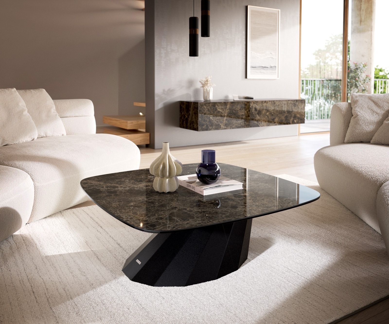Couchtisch Edge Boot 90x90 cm Keramik Emperador Extra Lucidato Dunkelbraun Parabi Metall Schwarz