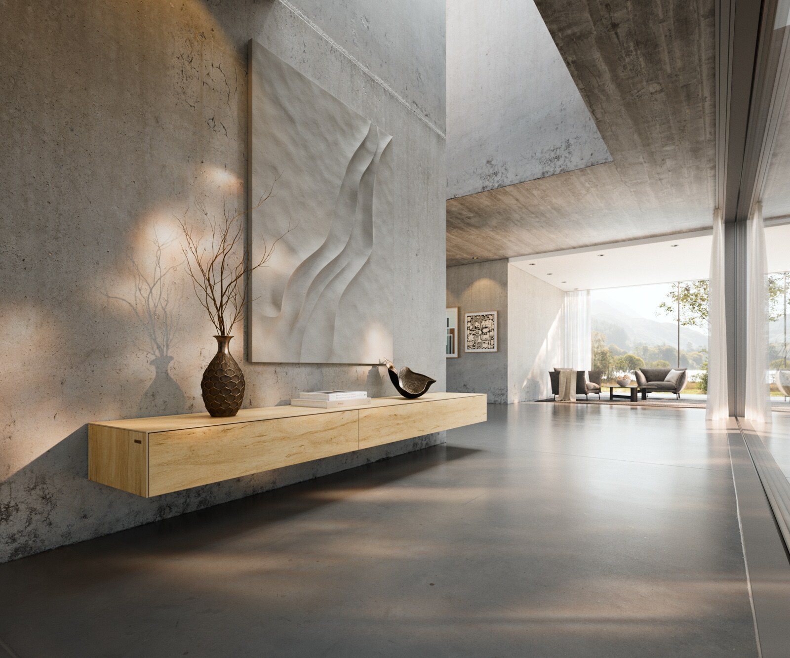 Lowboard Cuor 250 cm Keramik Laminam® Sabbia Eichefarbig 1 Klappe 1 Schubfach Schwebend