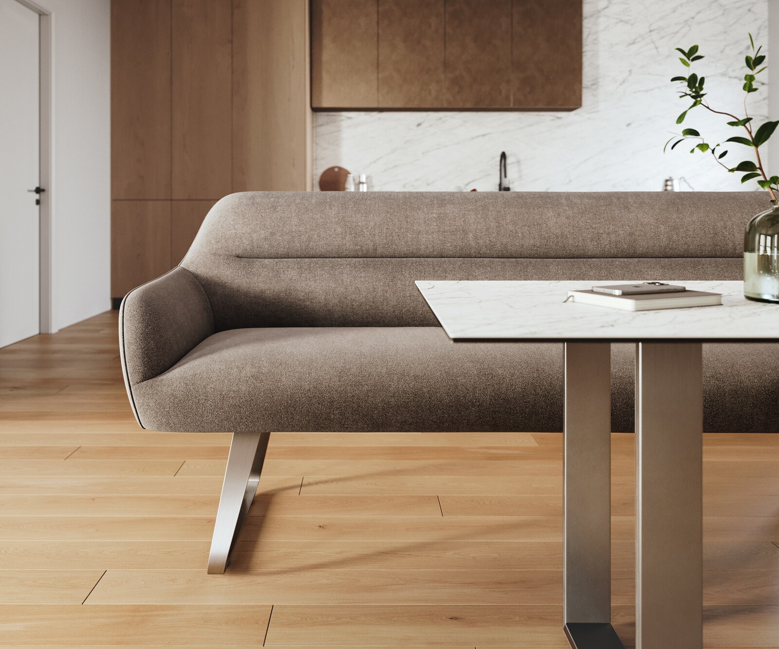 Esszimmerbank Taya-Flex 200 cm Strukturstoff Soft Taupe Kufengestell flach Edelstahl Taschenfederkern 2