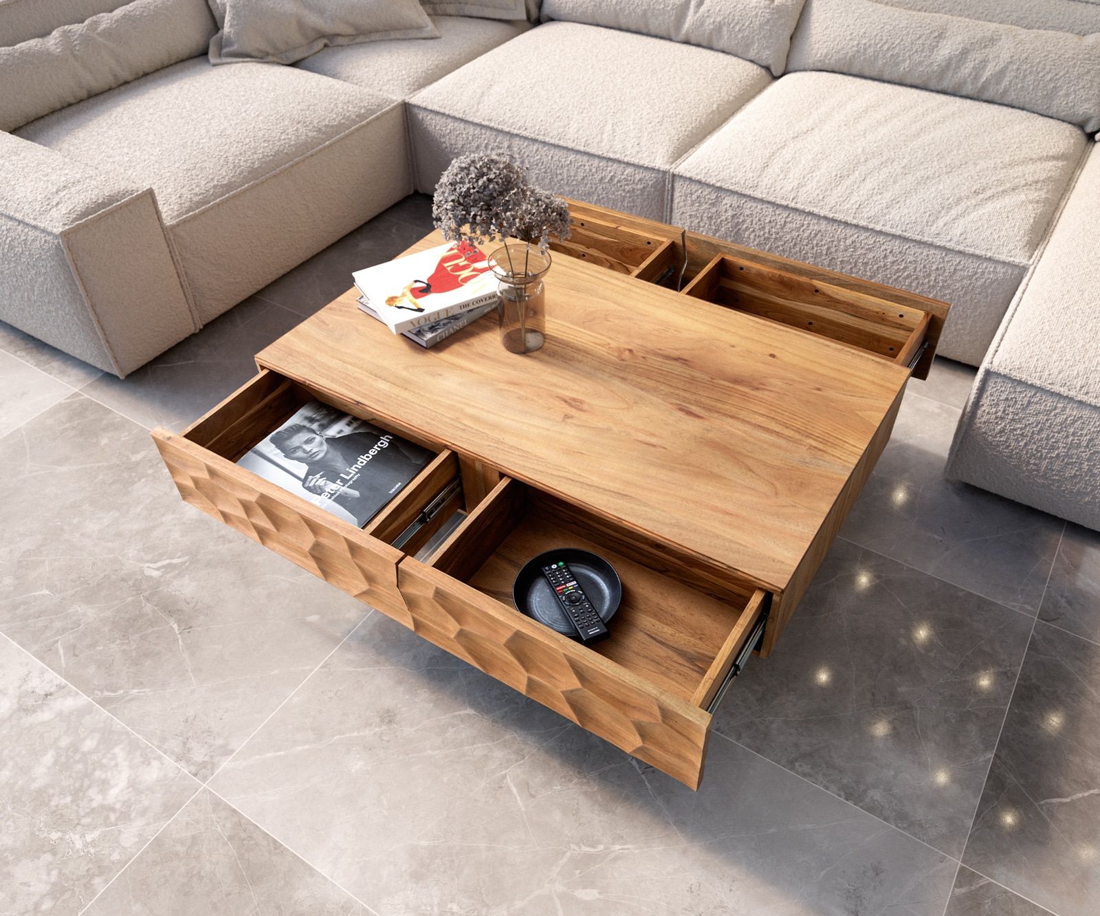 Couchtisch Solu 120x70 cm Akazie Natur 4 Schübe Fuß schwebend Metall Schwarz 3D-Front 3 Couchtisch Solu 120x70 cm Akazie Natur 4 Schübe Fuß schwebend Metall Schwarz 3D-Front 3