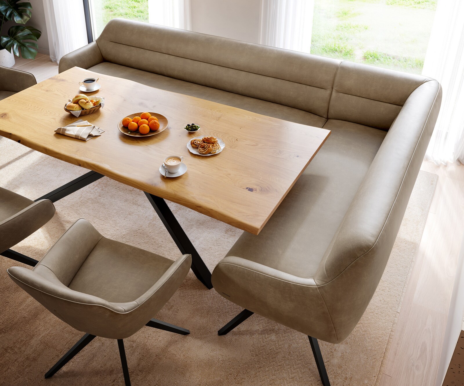 Esszimmerbank Taya-Flex 285x190 cm Mikrofaser Beige Vintage Kreuzgestell kantig Schwarz Taschenfederkern Links 4