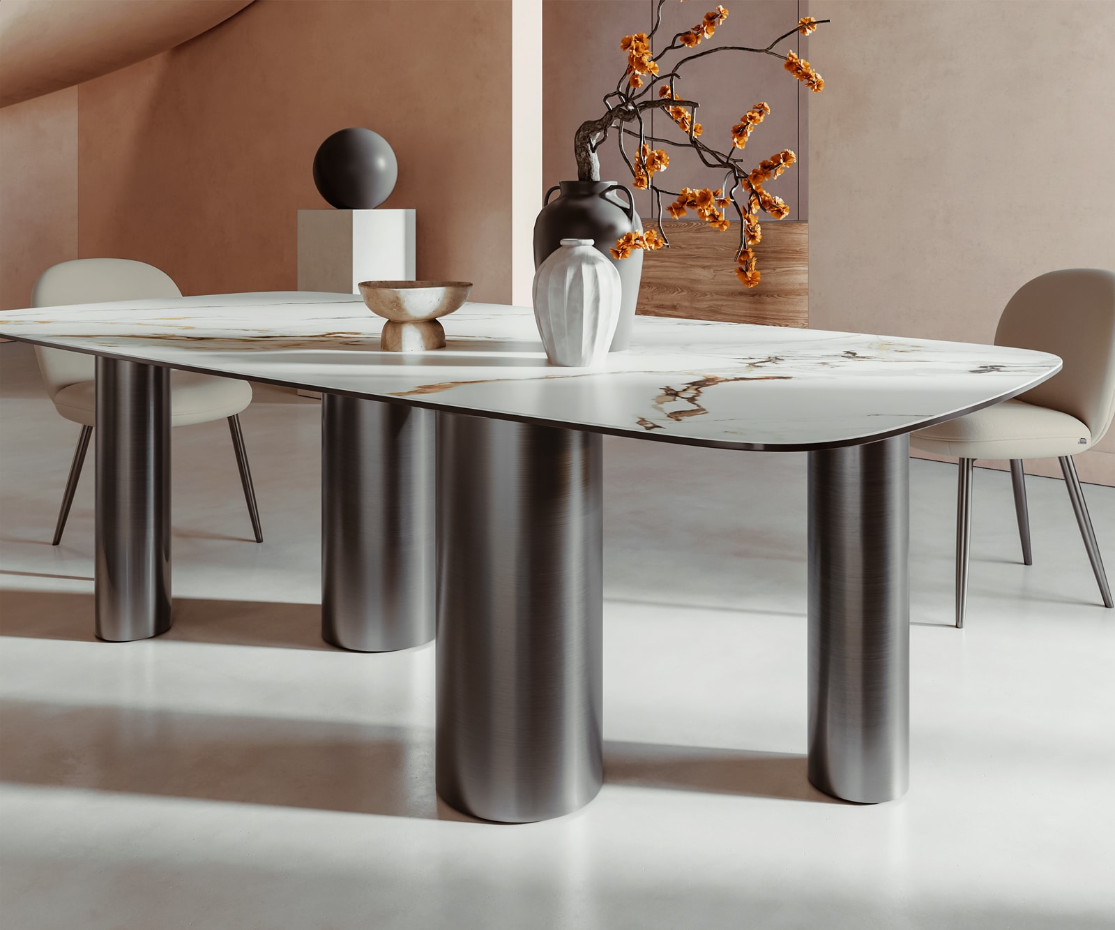 Esstisch Edge Boot 240x120 Keramik Calacatta Luxe Weiß-Gold-Grau Pilier Edelstahl Graphit 6 Esstisch Edge Boot 240x120 Keramik Calacatta Luxe Weiß-Gold-Grau Pilier Edelstahl Graphit 6
