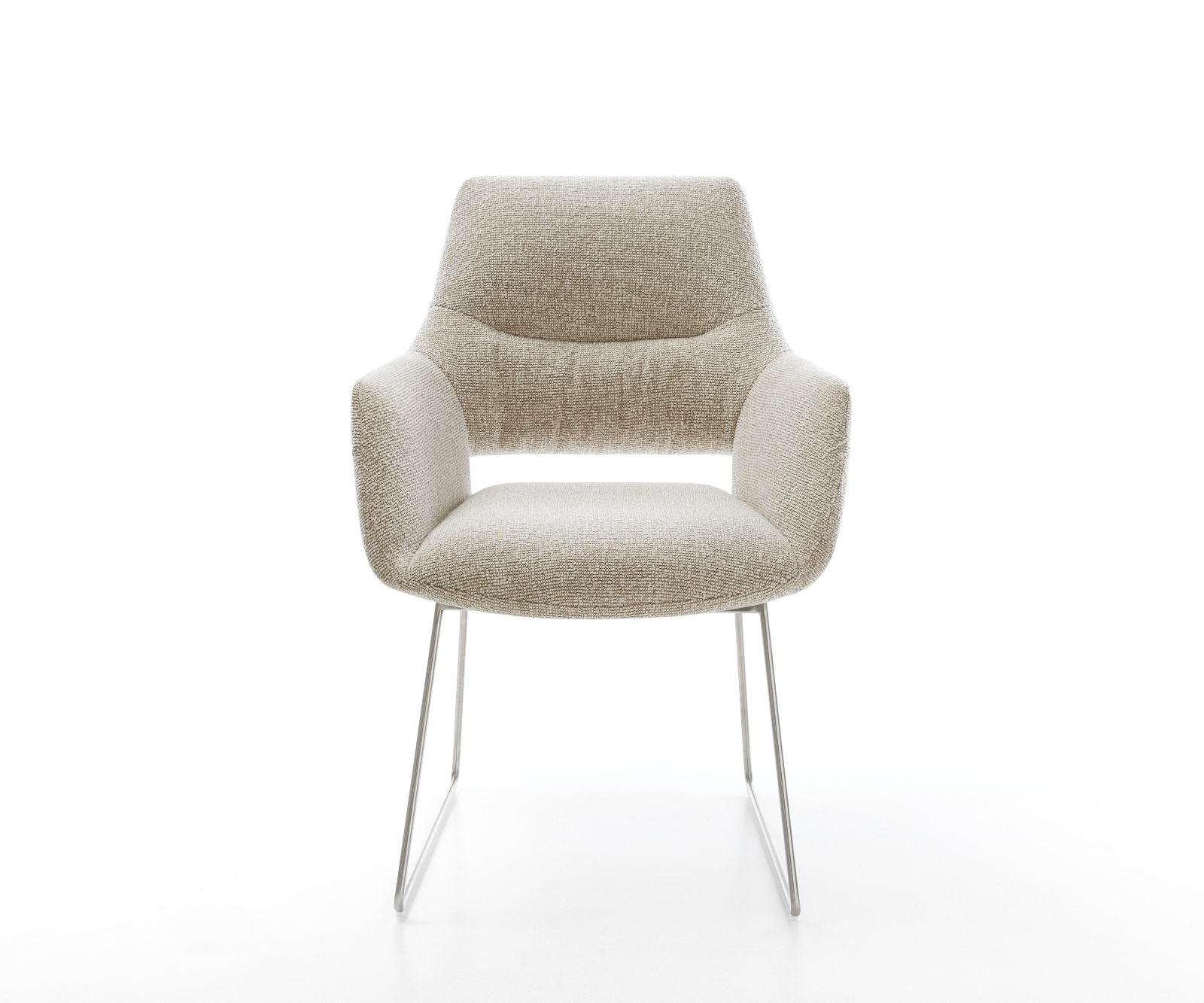 Esszimmerstuhl Yago-Flex mit Armlehnen Webstoff Soft Beige Kufengestell Edelstahl Taschenfederkern 1