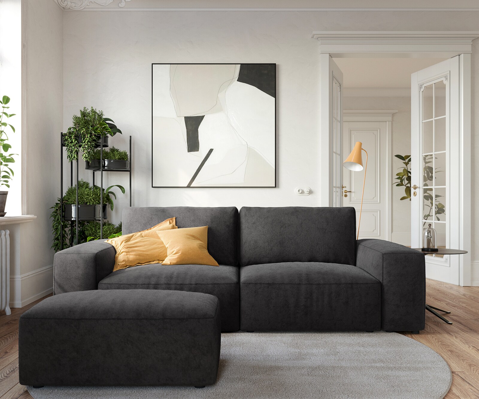 Big-Sofa Lanzo 230x95 cm Mikrofaser Schwarz mit Hocker 2