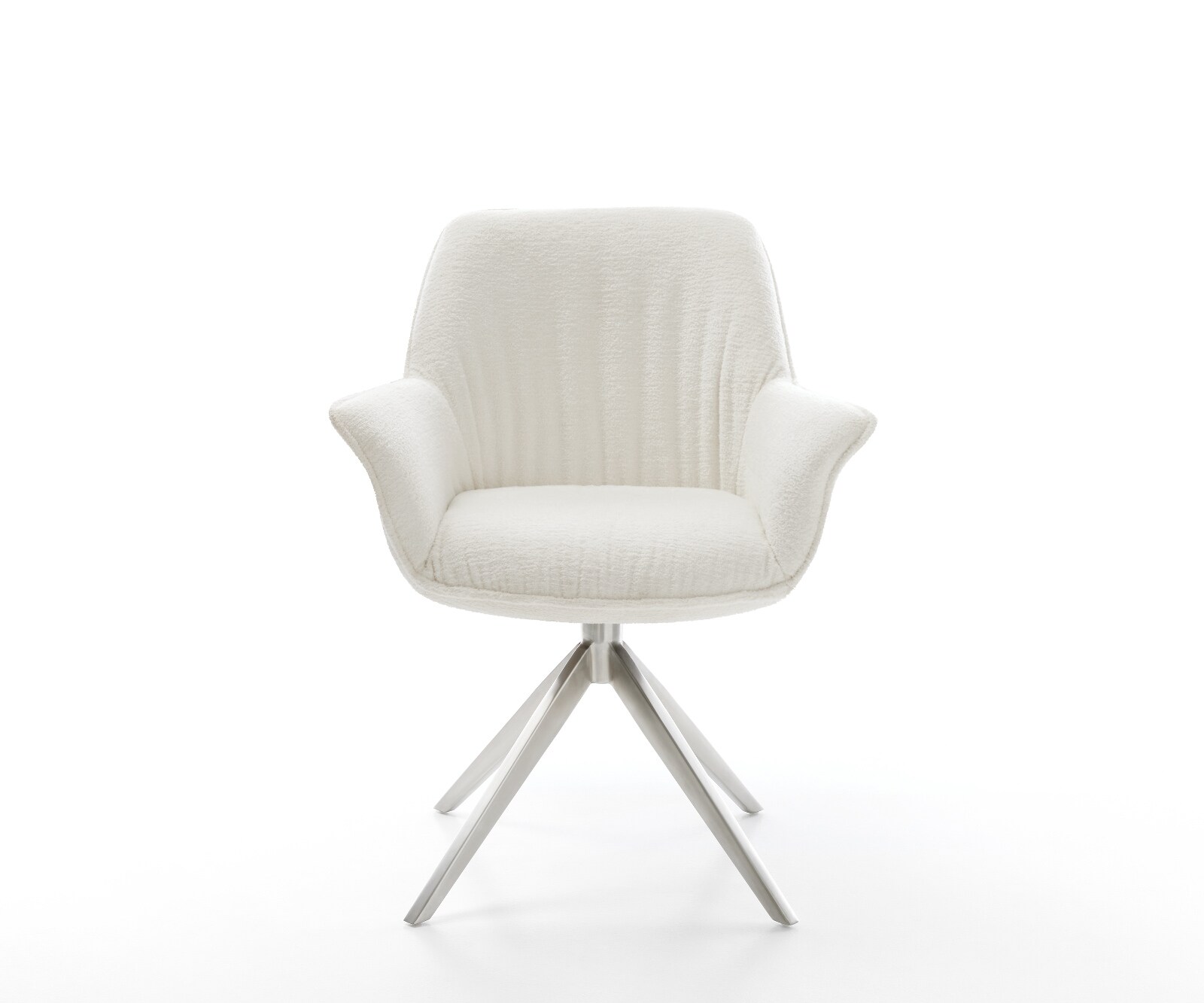 Drehstuhl Keila-Flex mit Armlehnen Bouclé Soft Beige Kreuzgestell breit Edelstahl 360° drehbar Wippfunktion 1