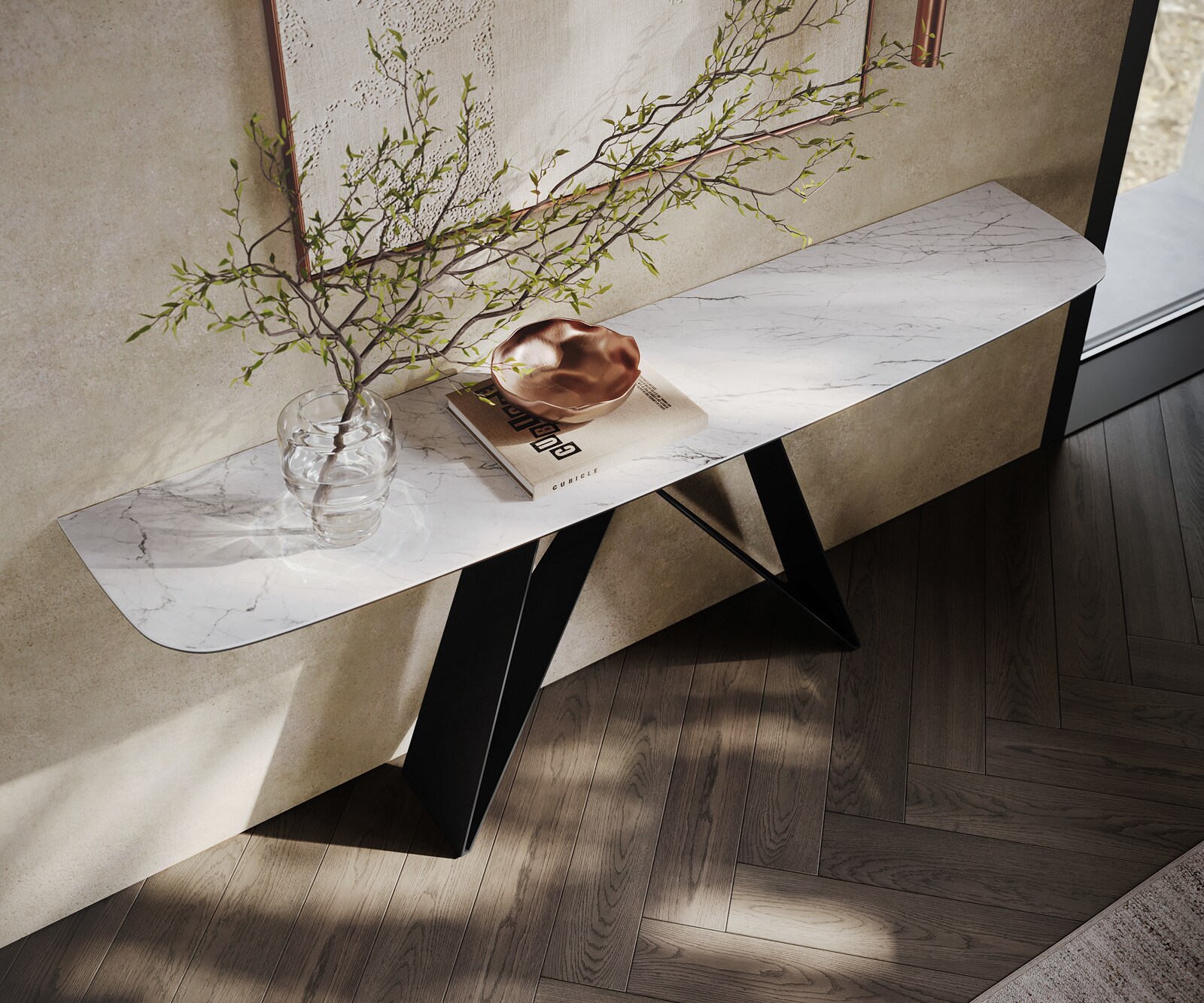 Konsolentisch Edge Boot 180x40 cm Keramik Laminam® Statuarietto Weiß Velio Metall Schwarz 1