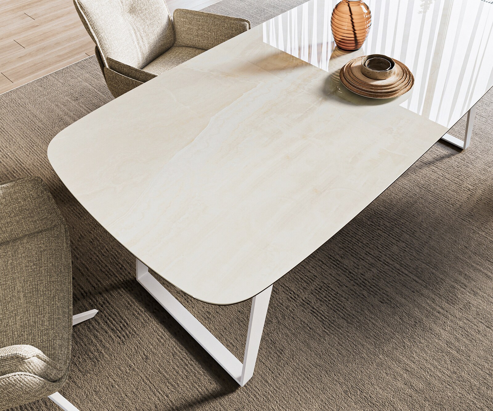 Esstisch Edge Boot 200x100 cm Keramik Onyx Champagne Metall Schräg Weiß 4