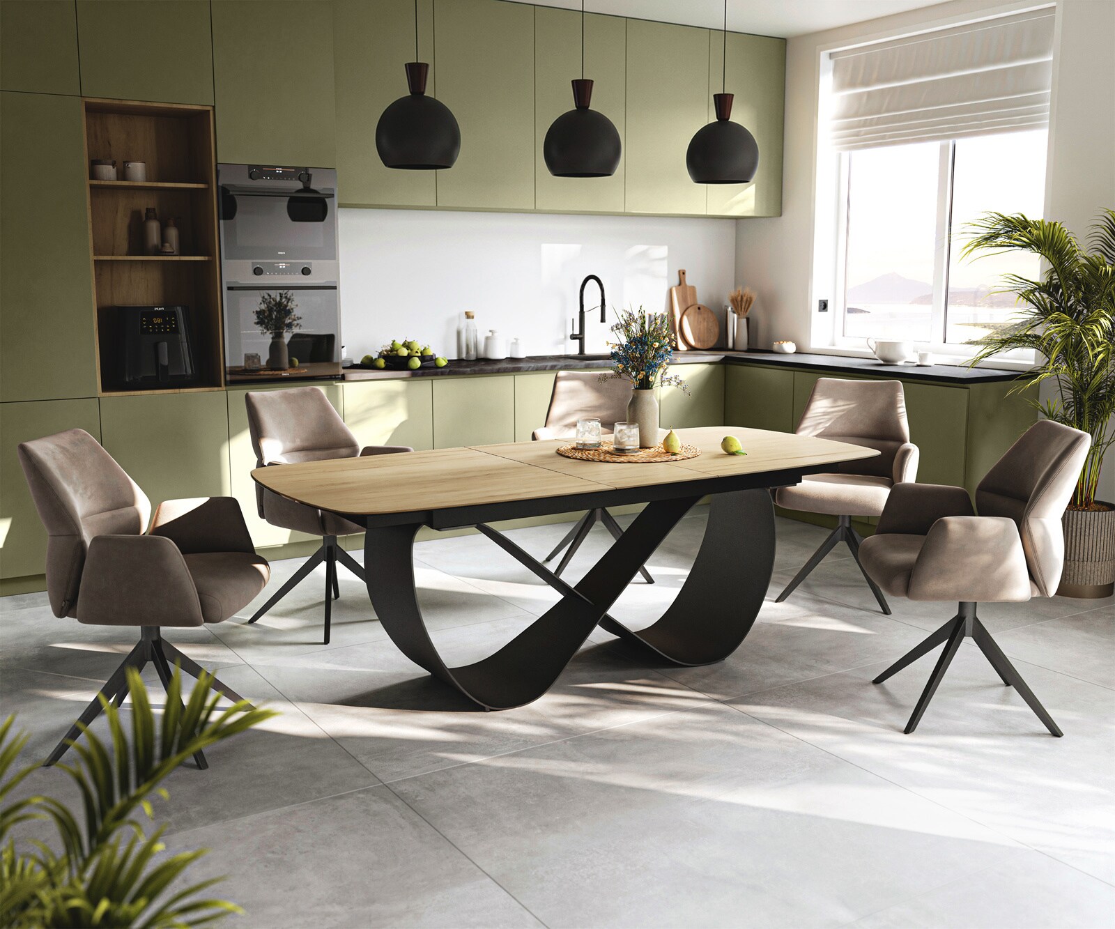Esstisch Edge Boot 180-220x100 cm Keramik Laminam® Sabbia Eichefarbig Infinity Metall Schwarz ausziehbar 6