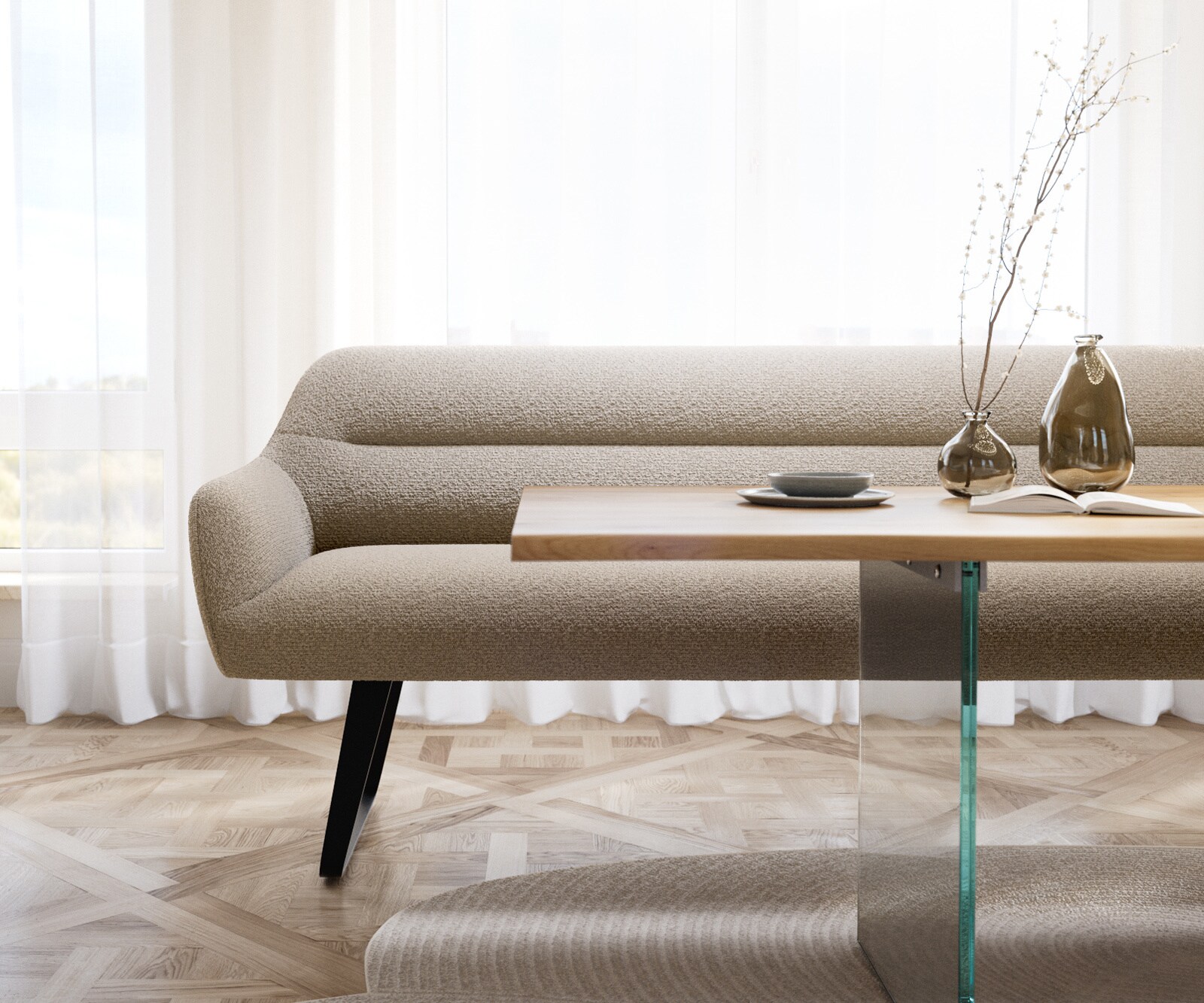 Esszimmerbank Taya-Flex 200 cm Bouclé Schlamm Kufengestell flach Schwarz Taschenfederkern 2