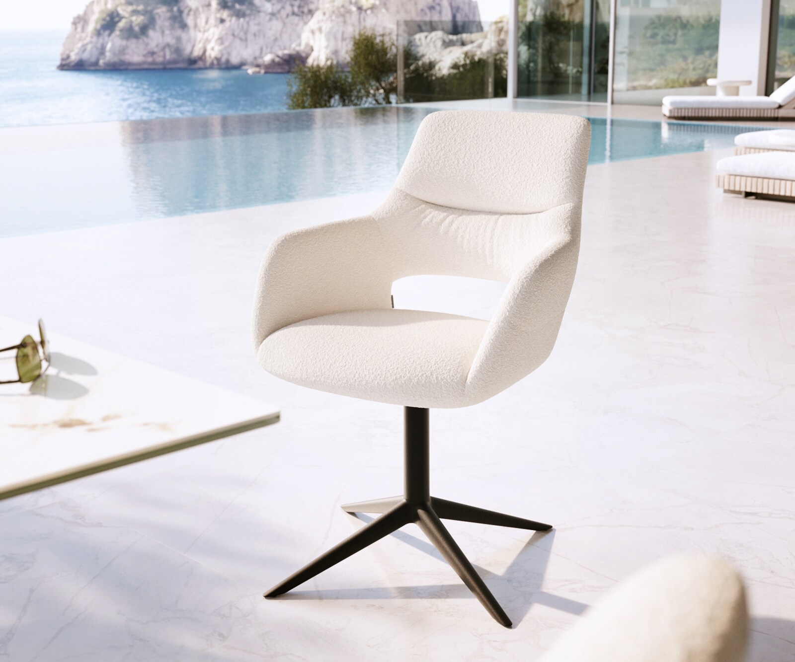 Outdoorstuhl Yago-Flex mit Armlehnen Bouclé Weiß Fußkreuz Schwarz 360° drehbar Wippfunktion