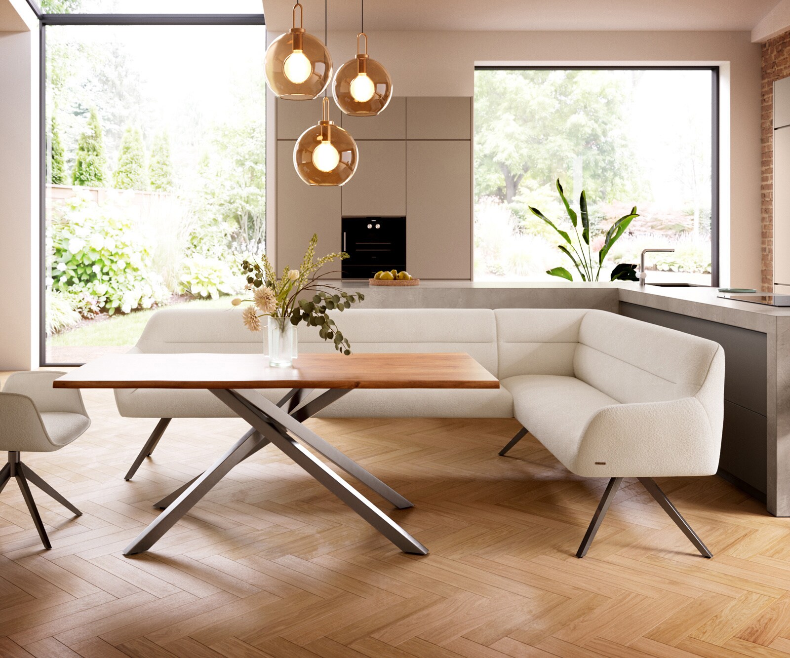 Esszimmerbank Taya-Flex 285x190 cm Bouclé Creme-Weiß Kreuzgestell kantig Graphit Taschenfederkern Links 2