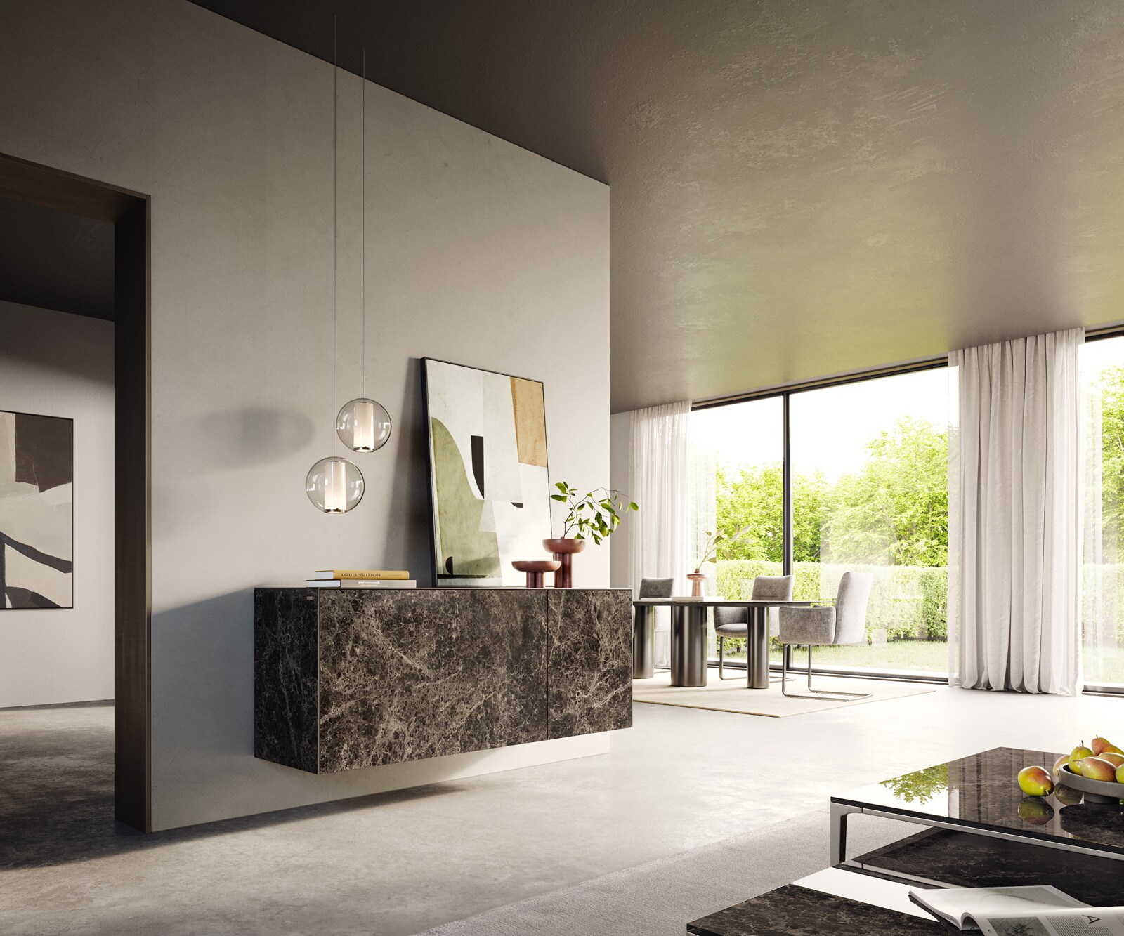Sideboard Cuor 150 cm Keramik Laminam® Emperador Extra Lucidato Dunkelbraun 3 Türen Schwebend 6