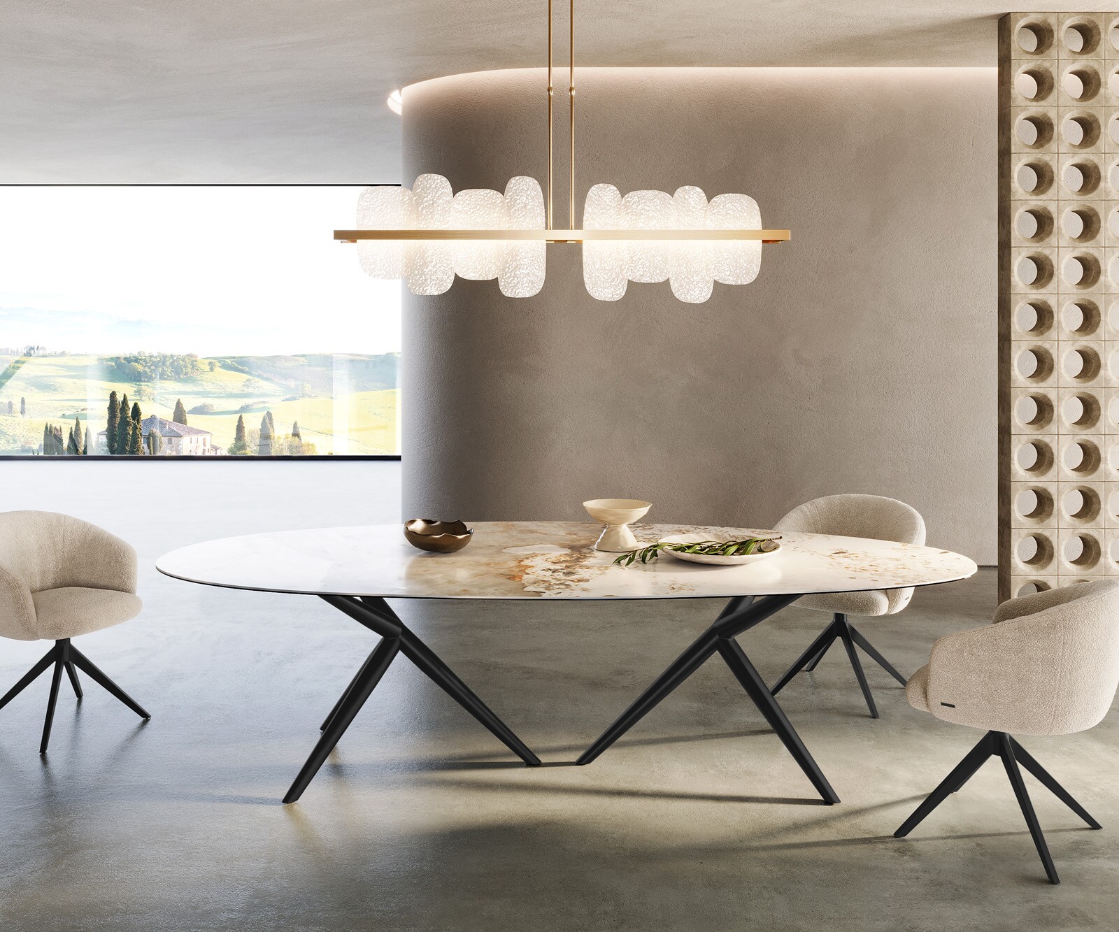 Esstisch Edge Oval 280x130 Keramik Minas Melange Weiß-Beige Estelar rund Metall Schwarz