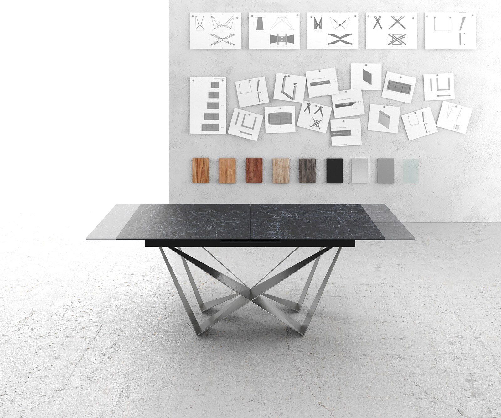 Esstisch Edge 180-220x90cm Keramik Laminam®Nero Greco Anthrazit Mittelfuß Flachstahl Silber ausziehbar 5