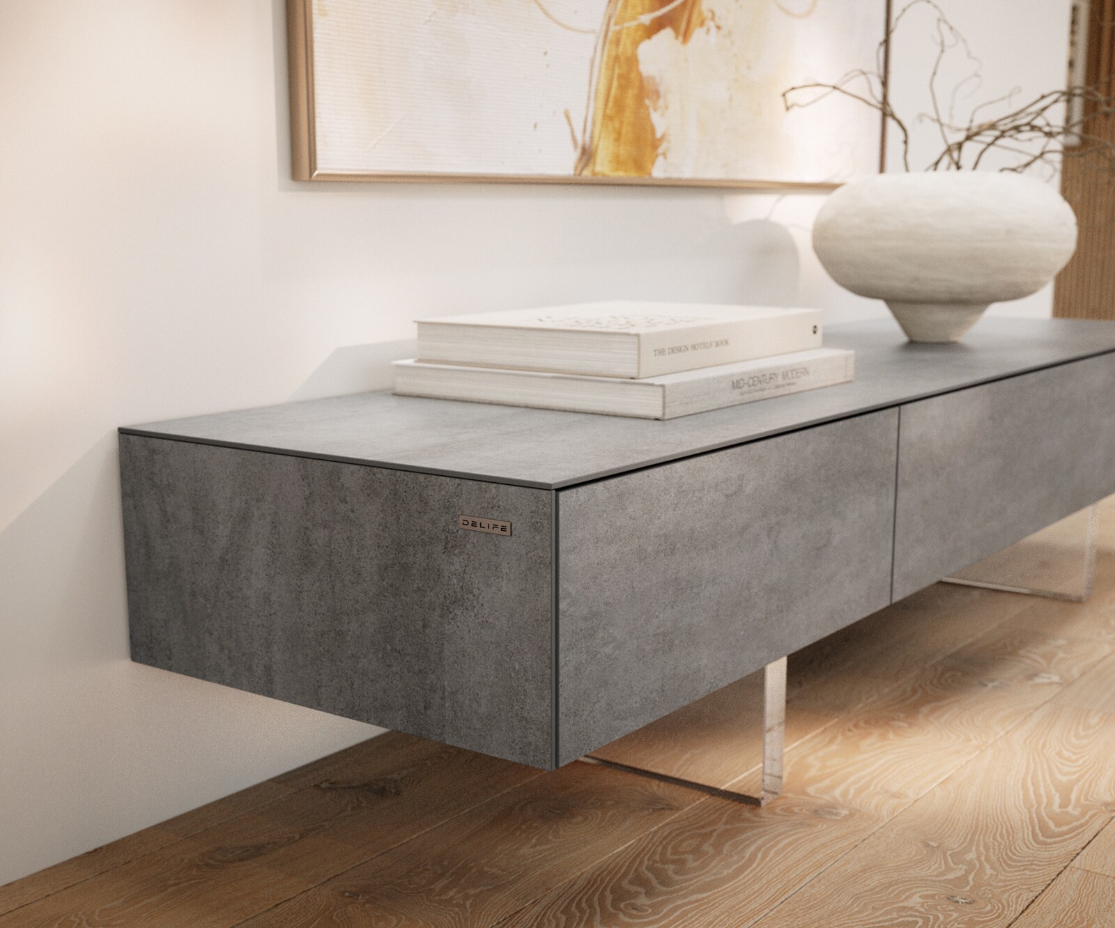 Lowboard Cuor 150 cm Keramik Beton Grau 1 Klappe 1 Schubfach Fuß Schwebeoptik Acrylglas 5