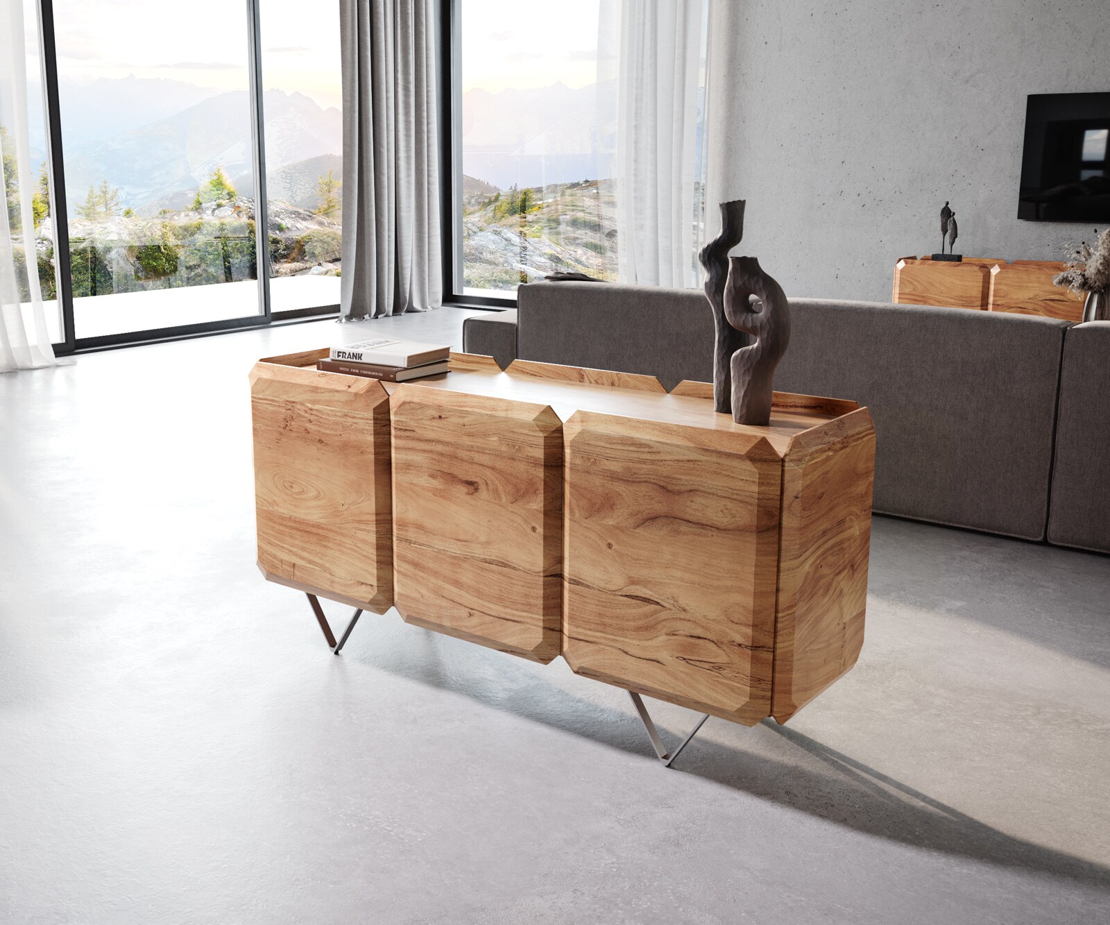 Sideboard Kiano 145 cm Akazie Natur 3 Türen V-Fuß Edelstahl Raumteiler